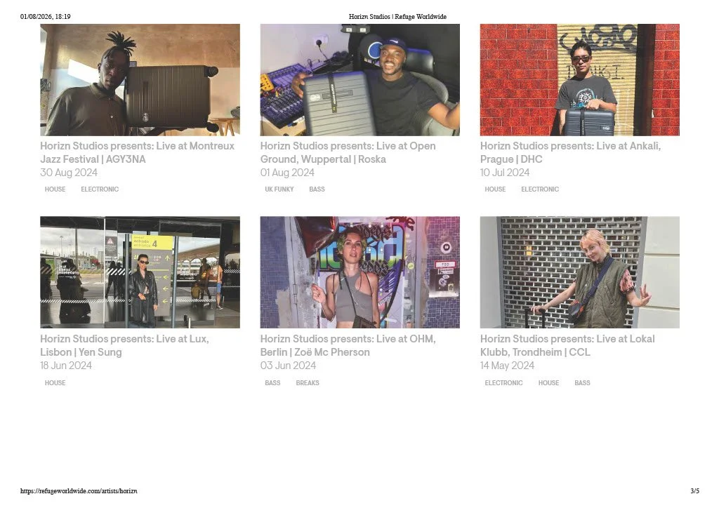 Six images of musicians performing live at various locations, including a jazz festival, a nightclub, an urban outdoor setting, an airport, a colorful urban backdrop, and an industrial outdoor area, with event details and dates.
