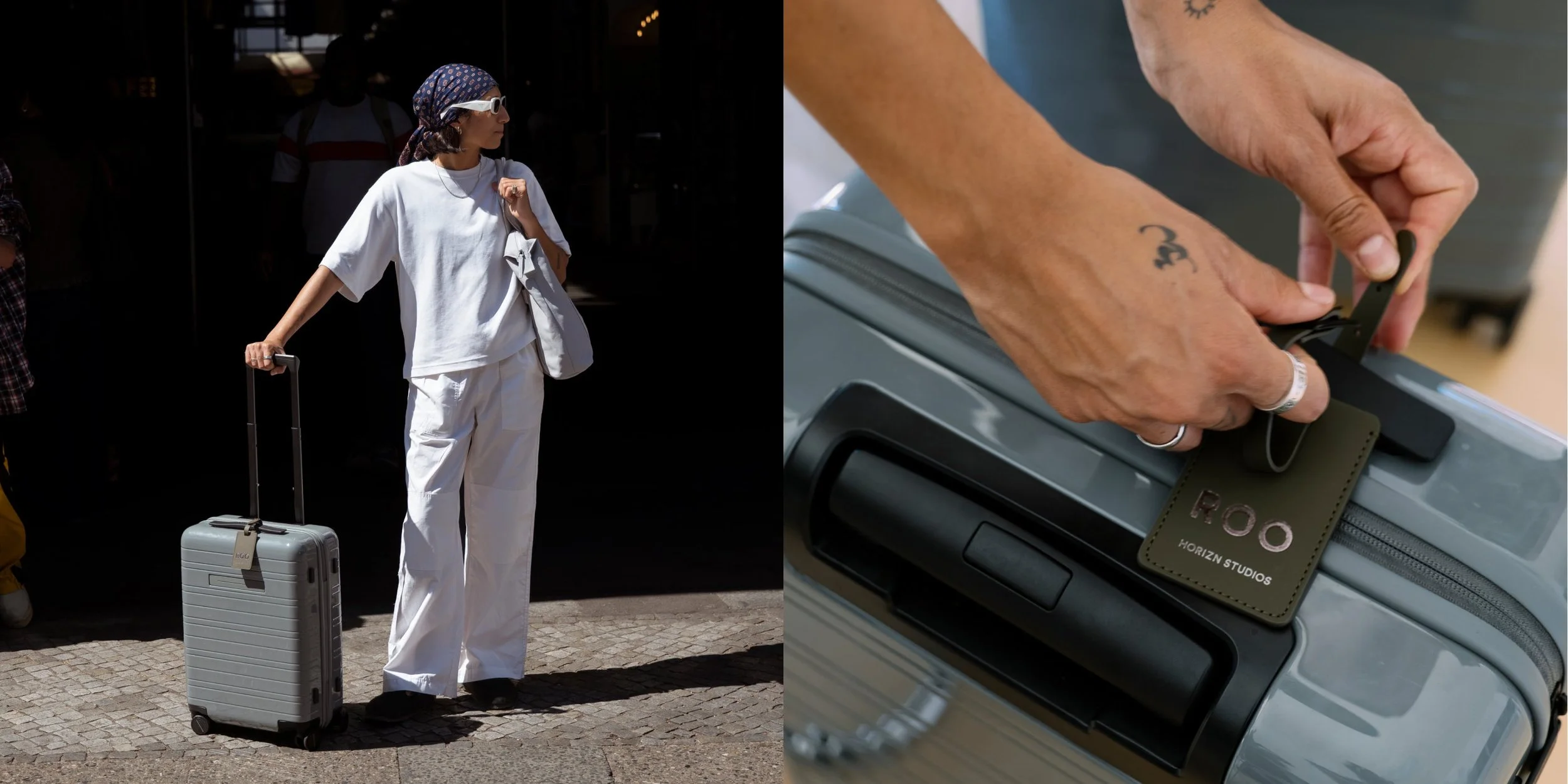 A woman standing outside with a rolling suitcase and a close-up of her hand fastening a luggage tag on her suitcase.