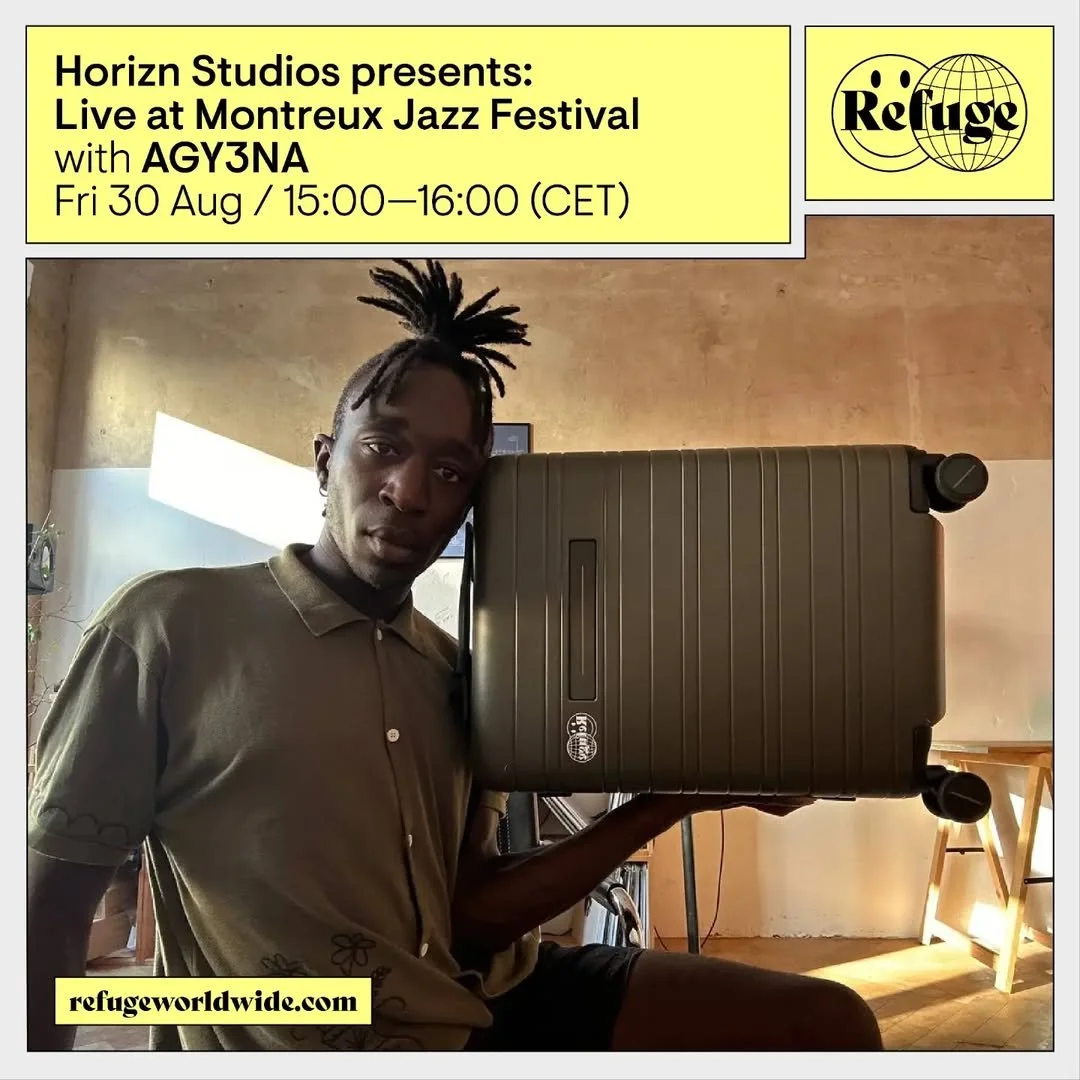 A promotional poster for a live music event at Montreux Jazz Festival featuring AGY3NA, scheduled for August 30 from 3:00 to 4:00 PM CET, organized by Horizn Studios and Refuge.