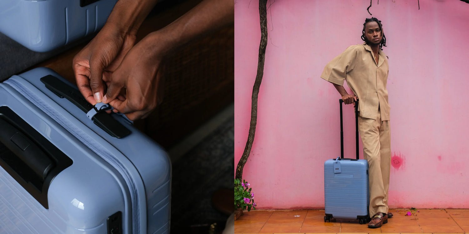 Side-by-side photos. Left: hands closing a blue carry-on suitcase with a TSA lock. Right: a man in beige clothing standing next to a blue suitcase against a pink wall with small plants and flowers nearby.