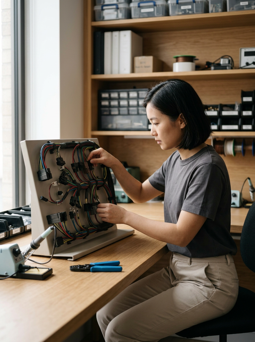 Woman working on a wiring panel at a desk in a workshop