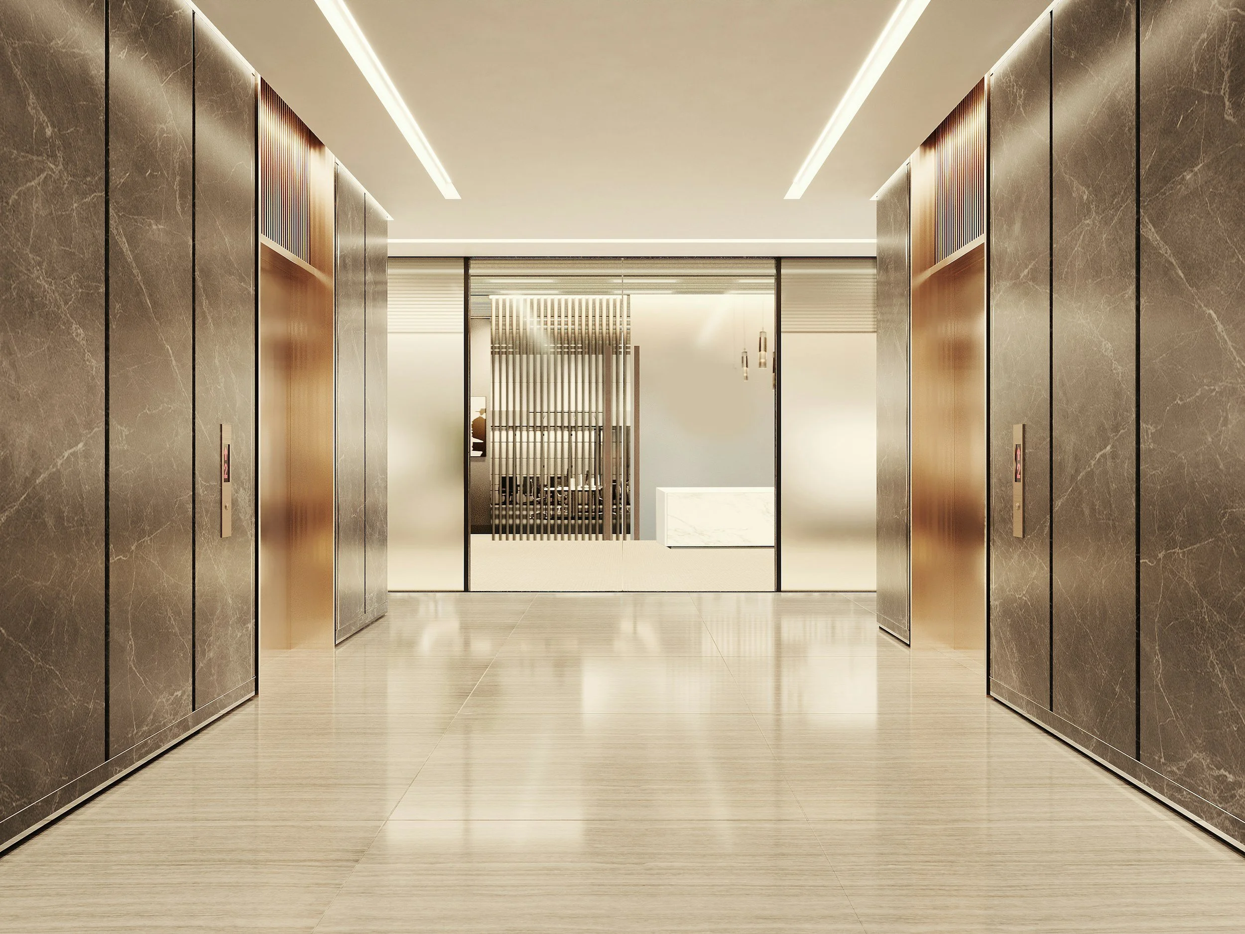 Elevator doors open to a modern lobby with beige flooring and textured wall panels.