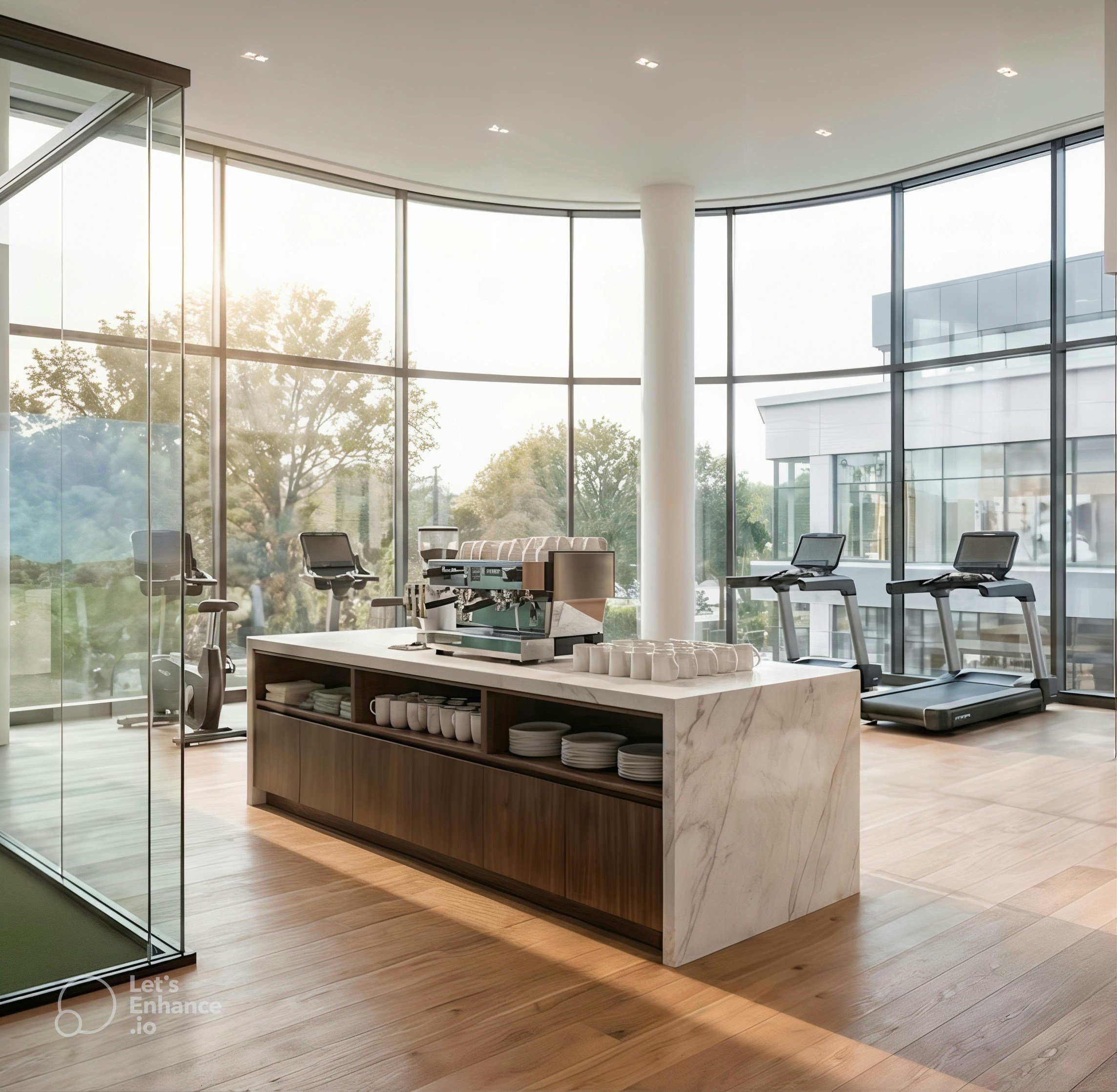 A modern lobby with floor-to-ceiling windows, wooden floors, and a marble reception desk with glasses and plates hidden underneath. There are chairs at the window and a reflection of trees outside.