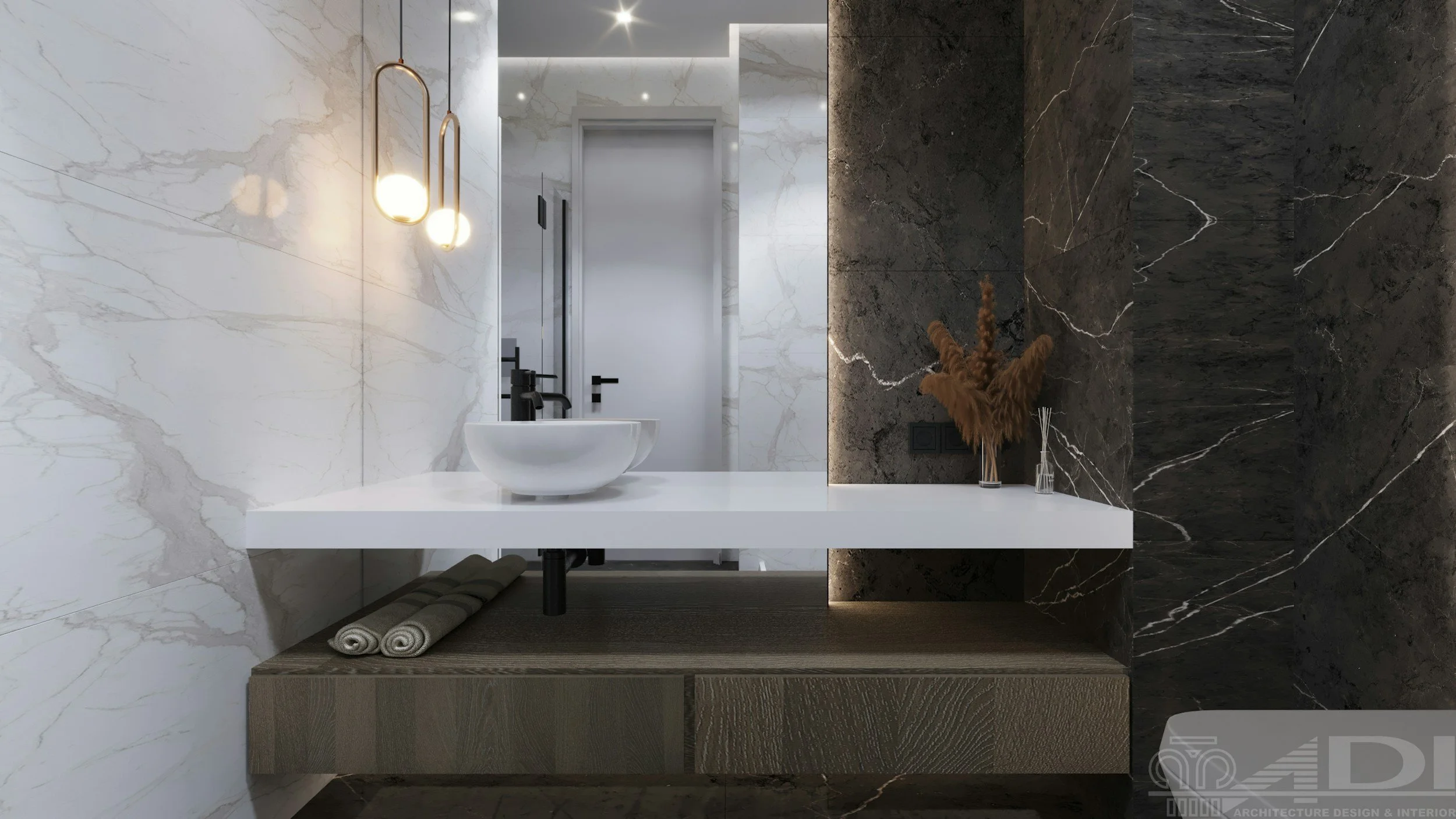 Modern bathroom with marble walls, black fixtures, and a vessel sink on a white countertop, decorated with dried plants in glass vases.