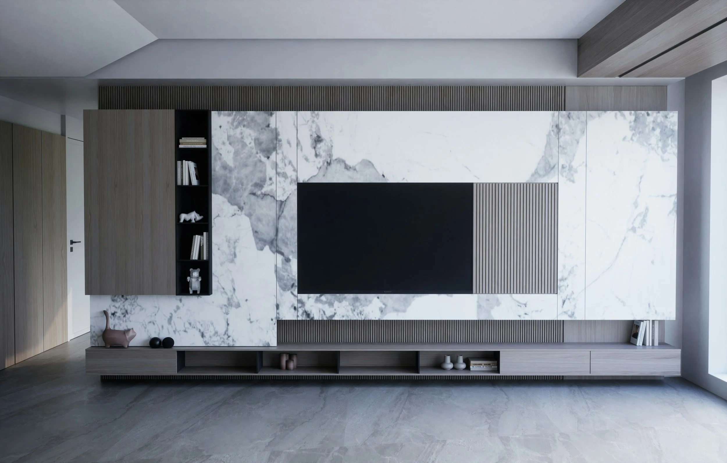 Modern living room with a marble wall feature, a flat-screen TV, and storage cabinets.