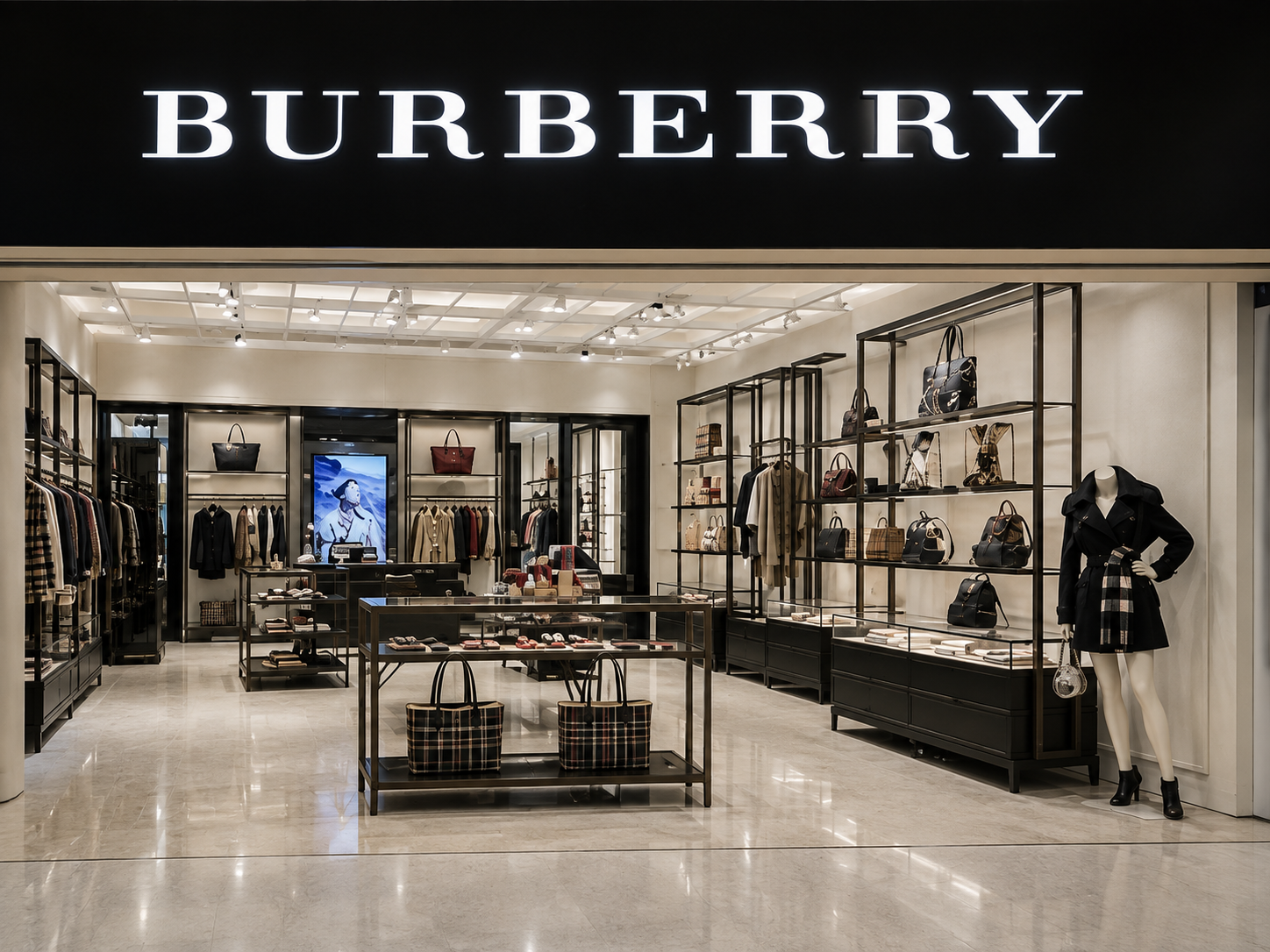 Interior of Burberry store displaying handbags, clothing, and accessories with a mannequin dressed in a black coat and plaid skirt inside a luxury fashion retail space.
