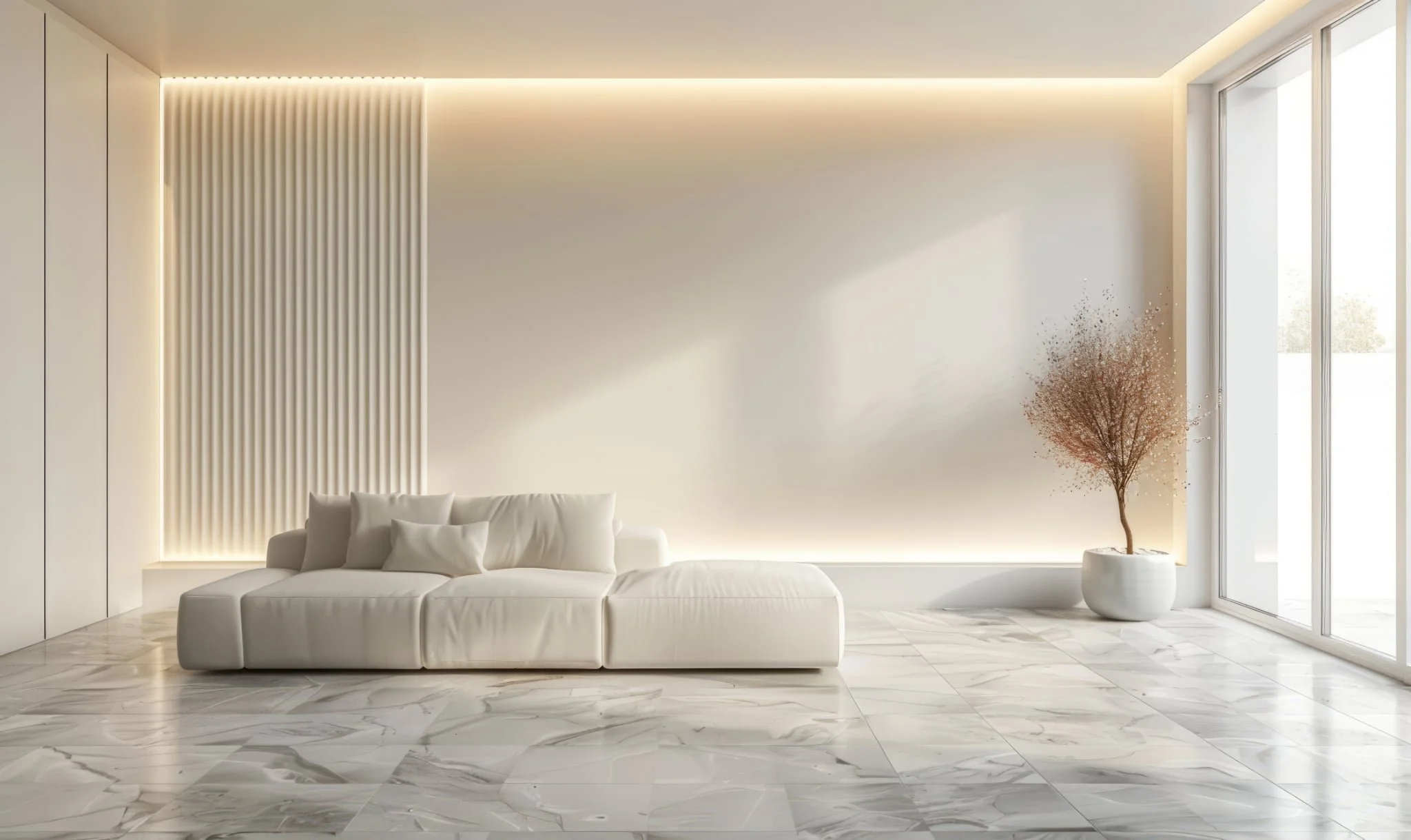 Modern living room with a white sofa, a potted tree in a white planter, marble floor, and large windows letting in natural light.