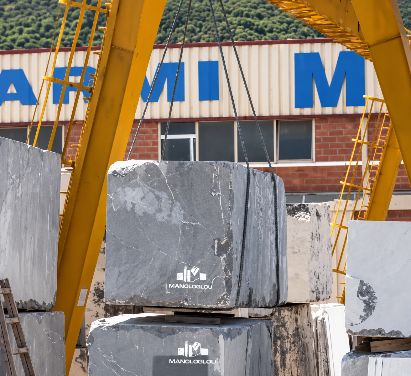 A large yellow crane lifting a massive gray marble block labeled 'MANOLOGLOU' in front of a building with a sign showing partial blue letters on beige siding, with a brick wall and windows behind.