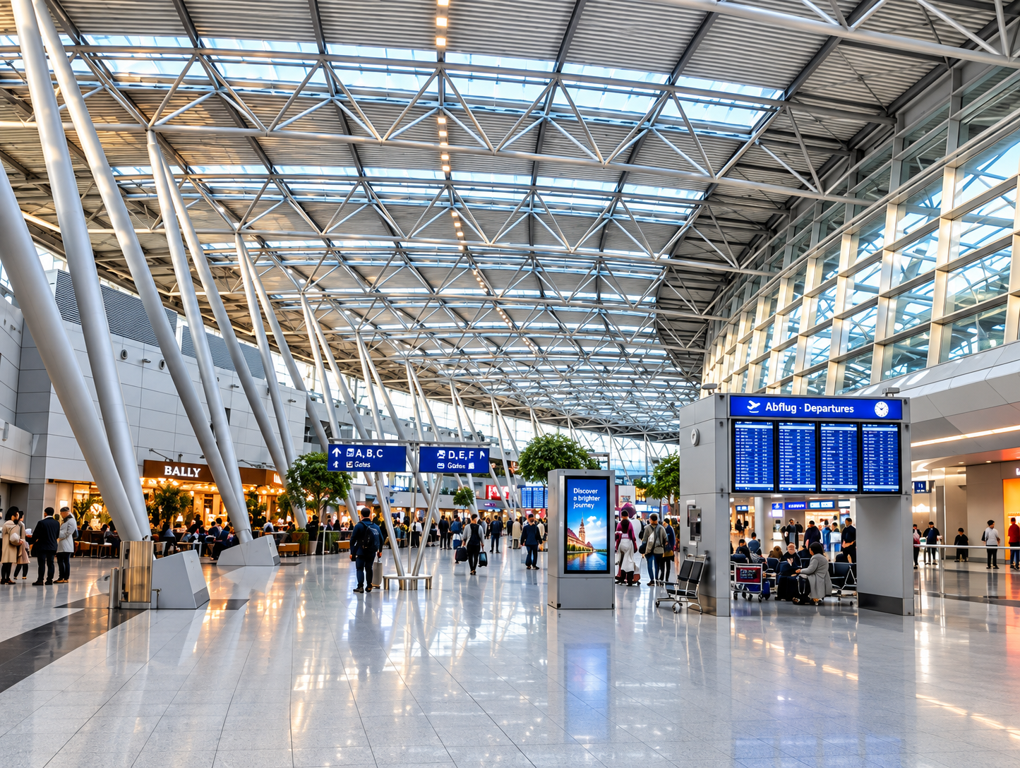 Interior of an airport terminal with people walking, sitting, and waiting. Signs directing to gates and departures. Modern architecture with large glass windows and a high, curved ceiling.