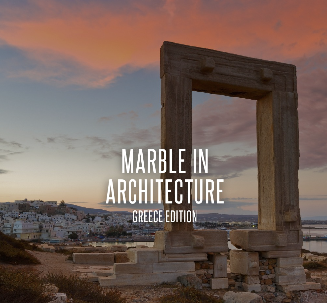 Ancient stone archway at sunset in Greece with a view of a coastal town and water.