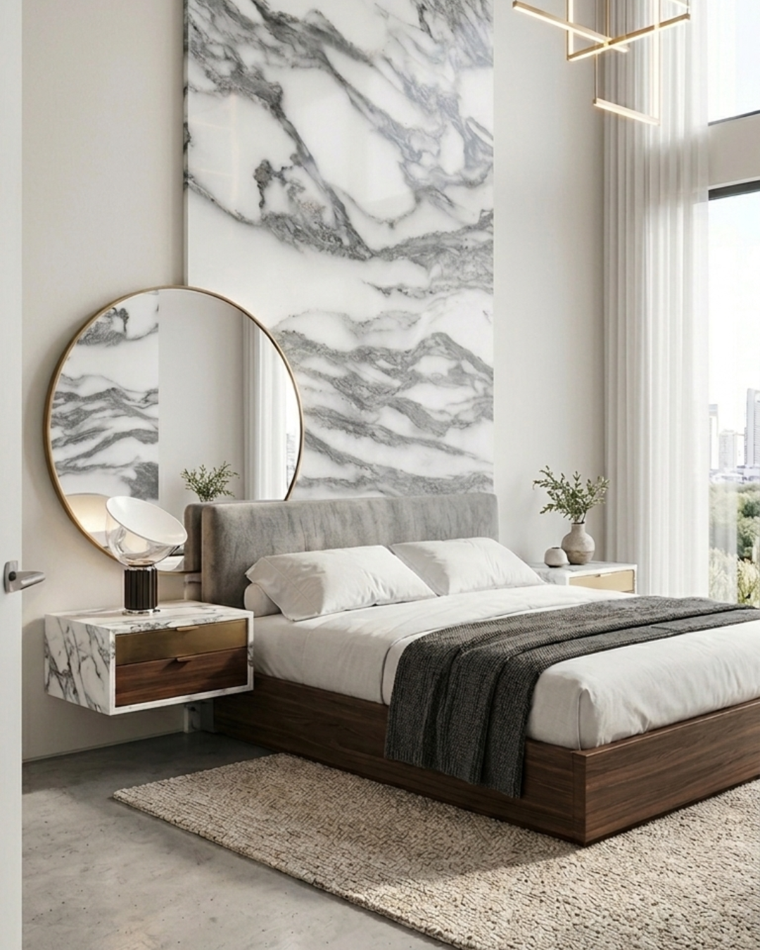 Modern bedroom featuring a bed with a gray upholstered headboard, white bedding, and a dark blanket. A round mirror hangs above two nightstands decorated with vases and small plants. A marble accent wall and large windows with white curtains provide natural light and a view of the city skyline.