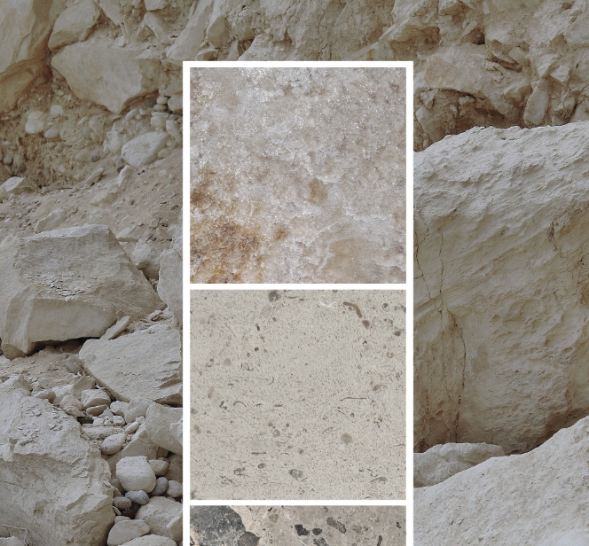 Close-up of various textured stone and rock samples