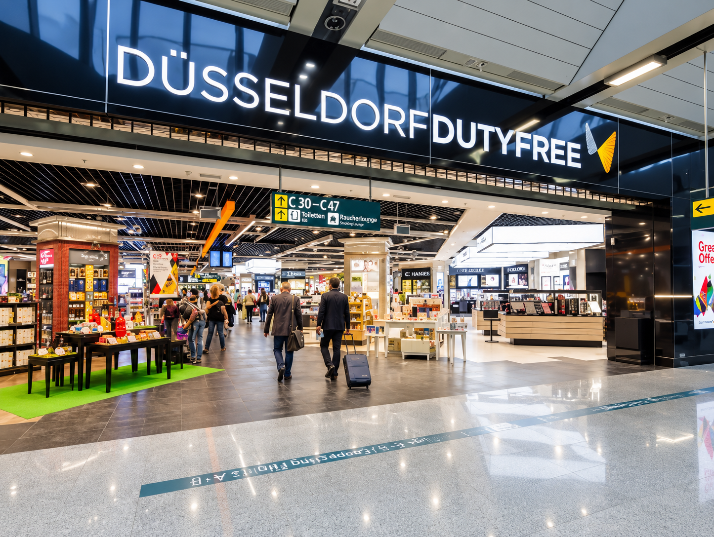 Inside Düsseldorf Duty-Free shop at an airport with travelers shopping and walking past various displays and signage.