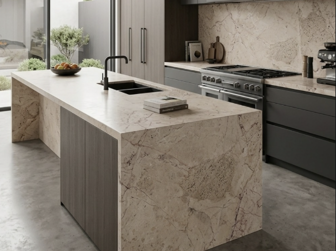 Modern kitchen with beige marble island, dark gray cabinets, stainless steel stove, and a bowl of fruit on the island.