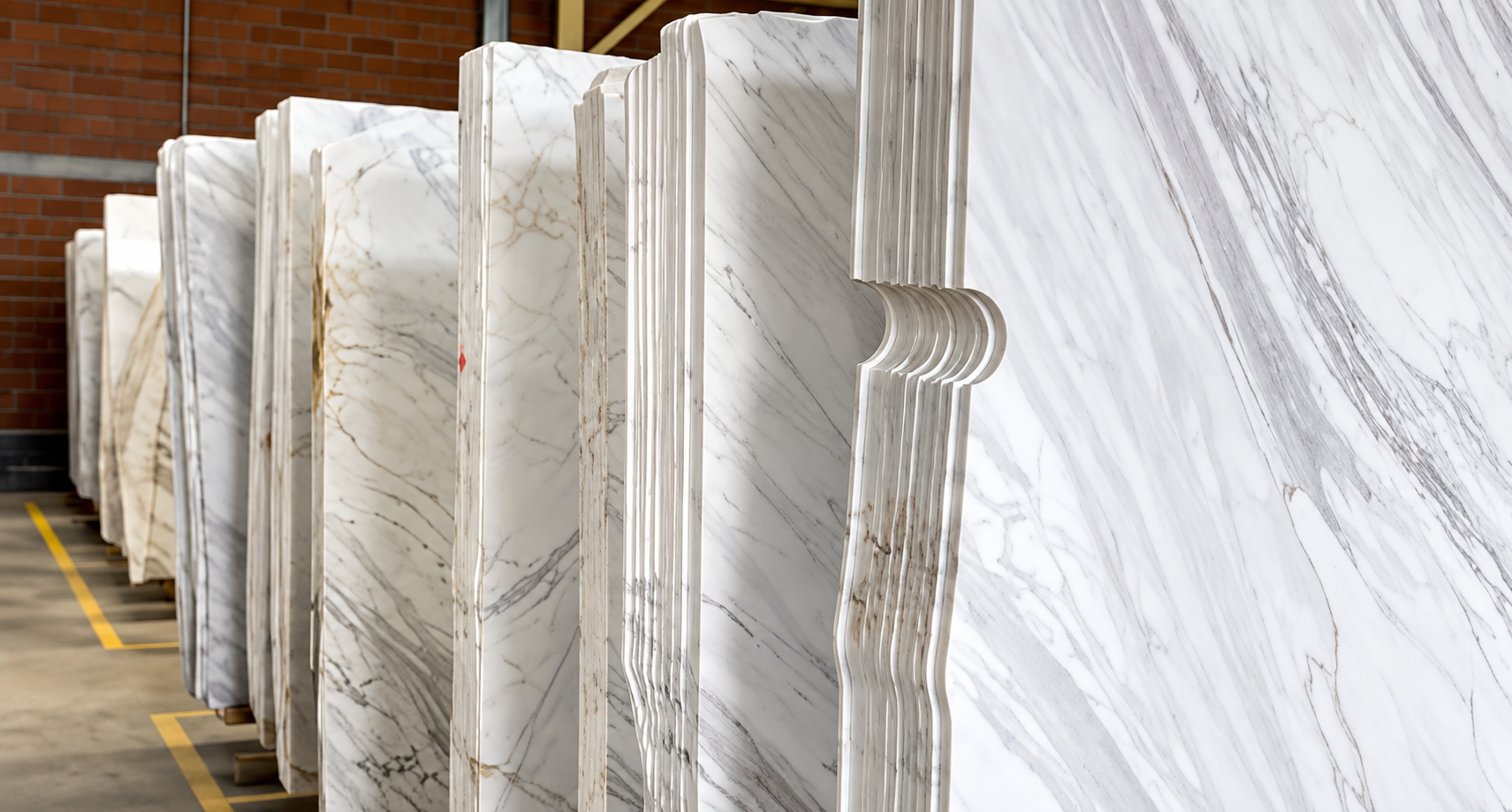 A warehouse or showroom with various slabs of marble leaned upright, showcasing different patterns and colors, in front of a brick wall.