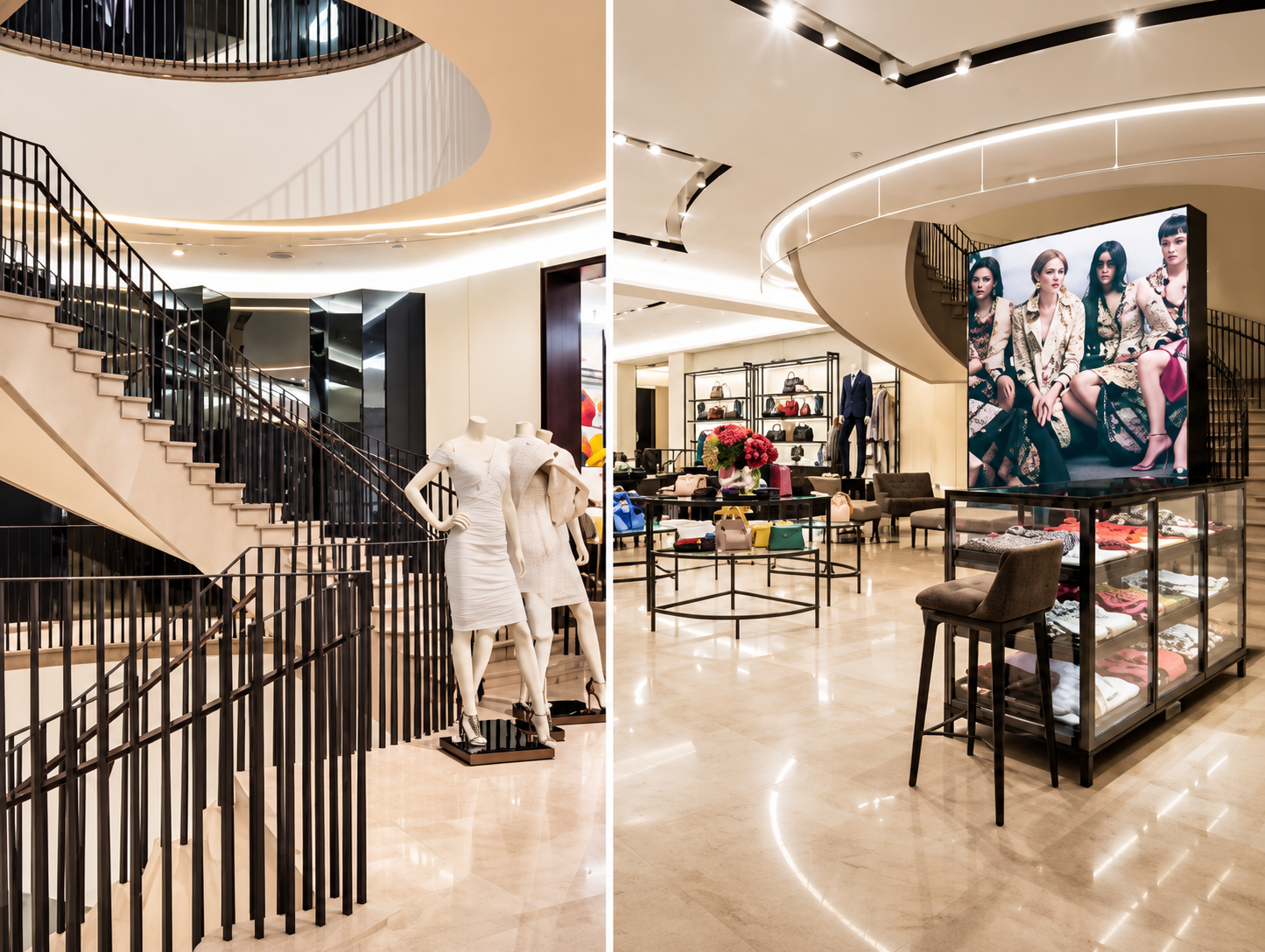 Interior of a high-end fashion retail store with mannequins in dresses, a staircase with black railing, and shelves with handbags and clothing displays, including a large digital screen showcasing models.