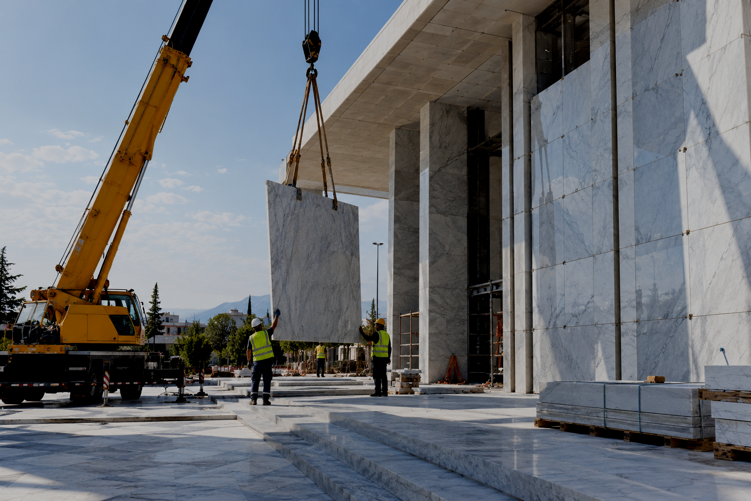 Construction workers guide a large marble slab being lifted by a crane onto a marble building entrance.