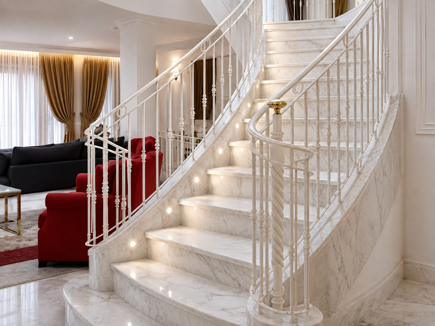 Elegant marble staircase with white metal railing and embedded lights, leading upward in a luxurious living space with curtains and sofas.