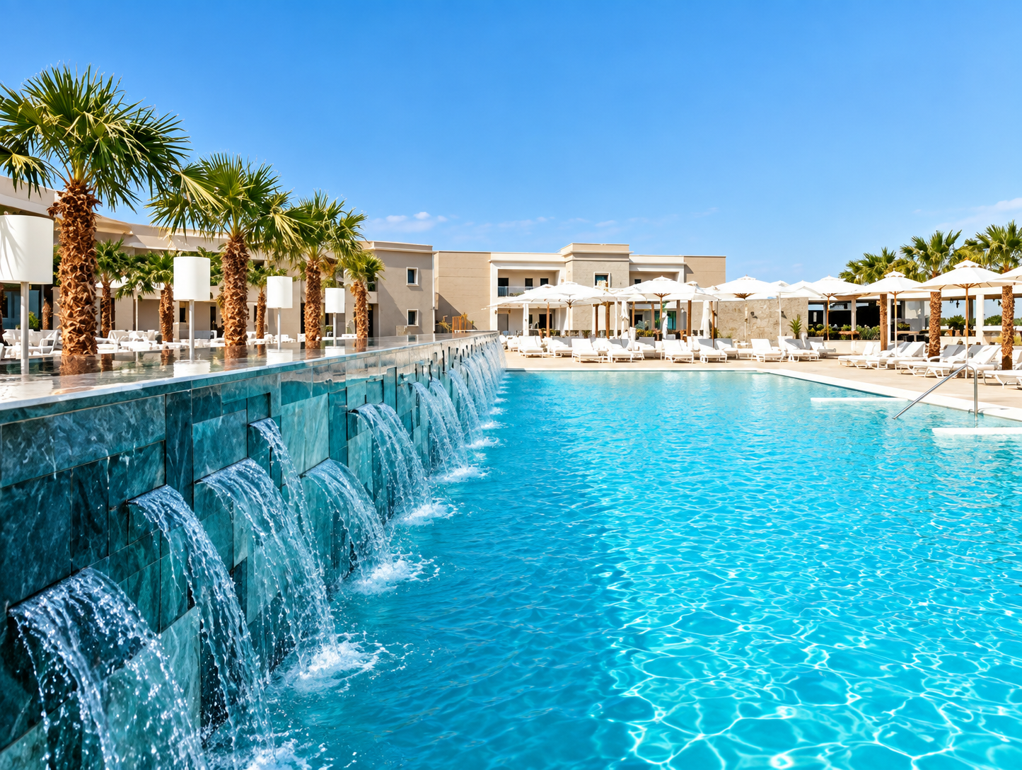 Swimming pool with waterfall feature, surrounded by lounge chairs, umbrellas, and palm trees under a clear blue sky at a resort.