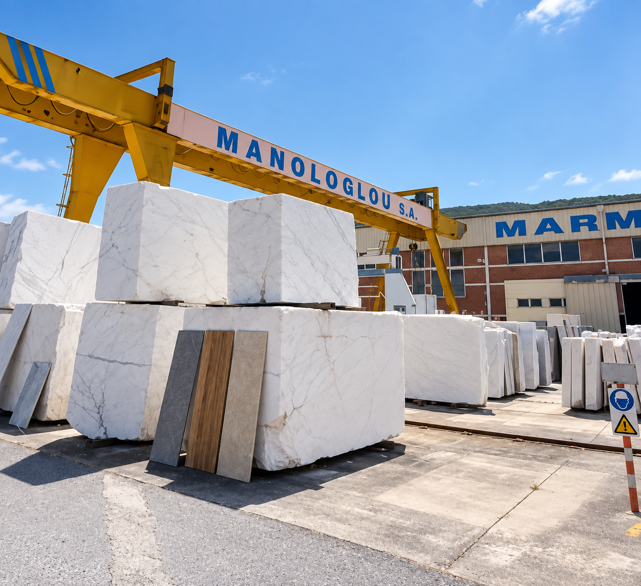 Large white marble blocks and slabs stored outdoors at a stone yard. A yellow crane with the sign "MANOLOGLOU S.A." is visible in the background, along with a building that has the word "MARM" on it. Clear blue sky overhead.