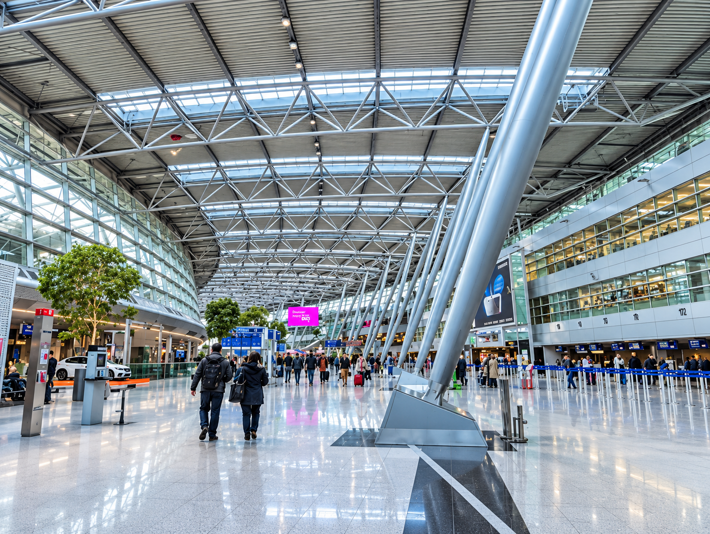 Inside an airport terminal with travelers walking, check-in counters, large glass windows, and modern architectural design.