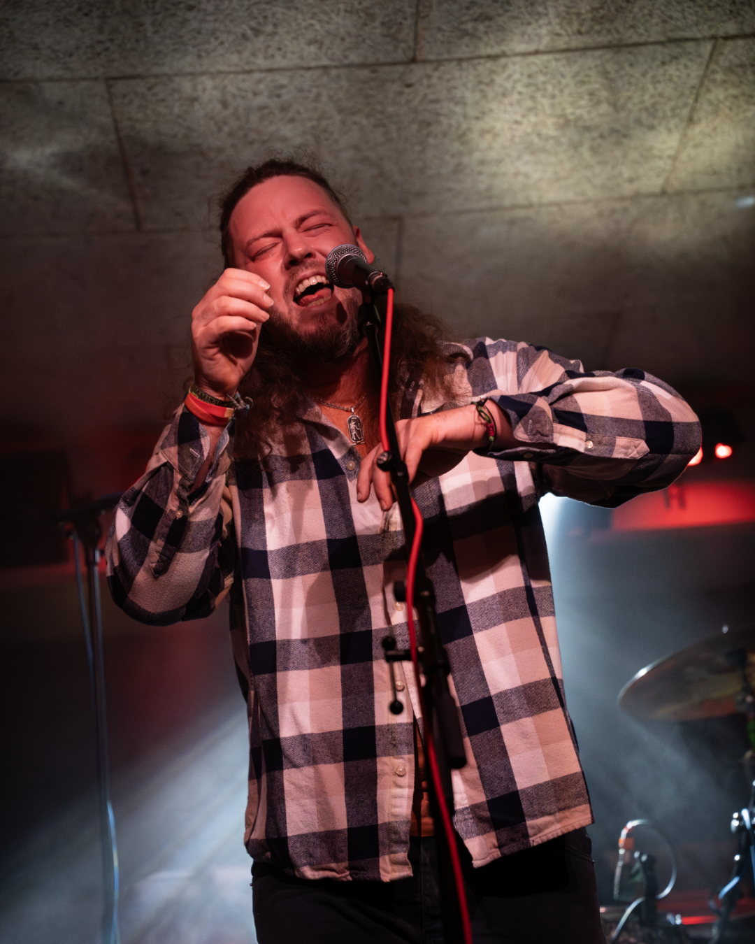 A male singer passionately performing on stage, with eyes closed, holding a microphone, and wearing a plaid shirt.