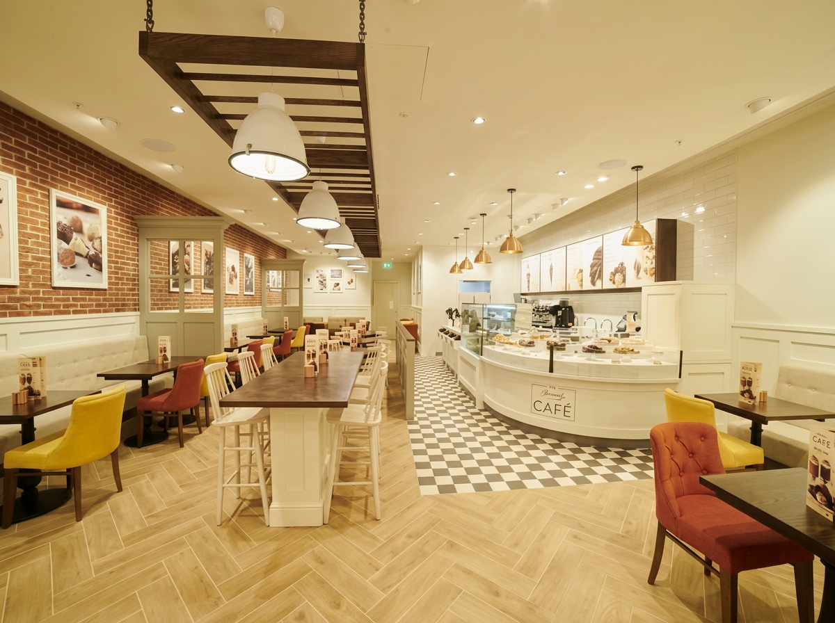 Interior of a cozy cafe with a brick wall, framed pictures, a mix of colorful chairs, a long high table, and a pastry counter with cakes and coffee equipment.