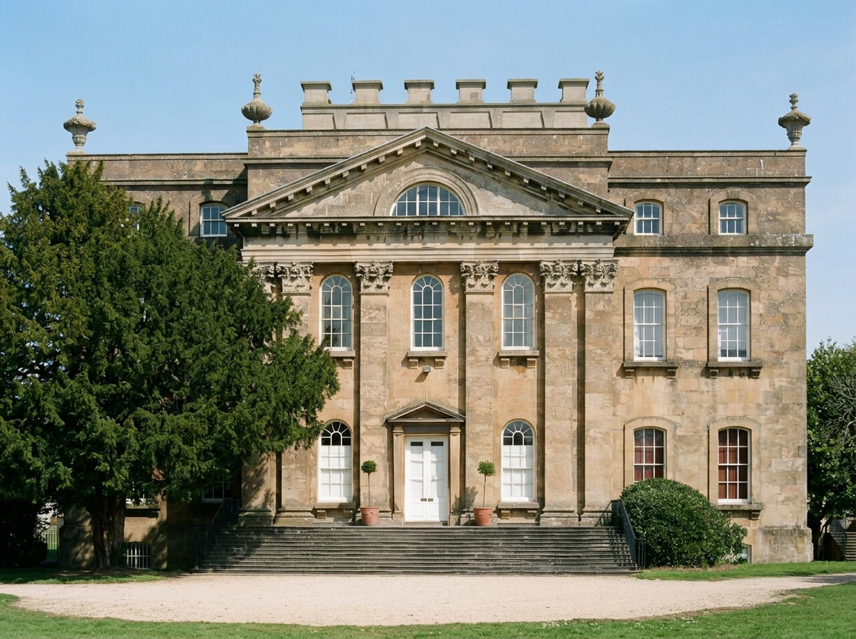 A large, historic stone building with classical architecture, including columns, pediments, and decorative urns on the roof. It has multiple tall windows and is surrounded by greenery, with steps leading up to the entrance.
