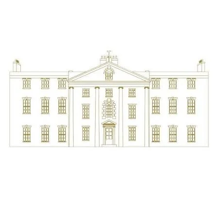 Line drawing of a large, historic building resembling a castle or mansion with multiple windows and a central entrance.