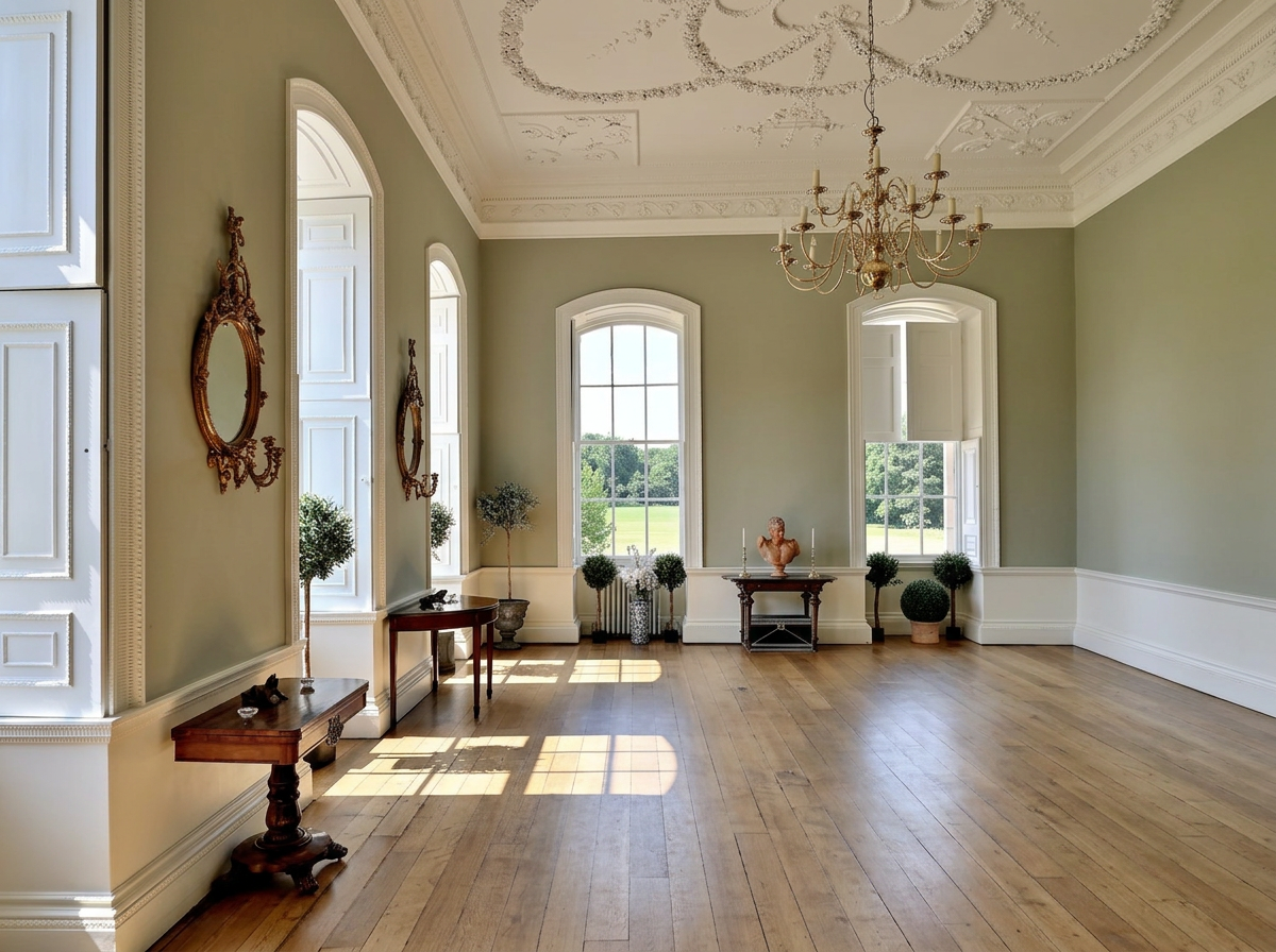 Elegant room with large windows, a chandelier, and minimal furniture including small tables and potted plants, with a view of green fields outside.