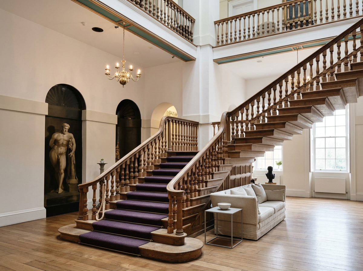 Interior of a grand house with a wooden staircase, a chandelier, a sofa, and classical sculptures