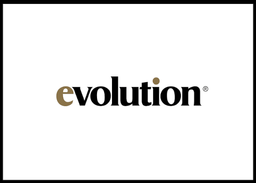 The word "evolution" written in black and brown letters on a plain white background.