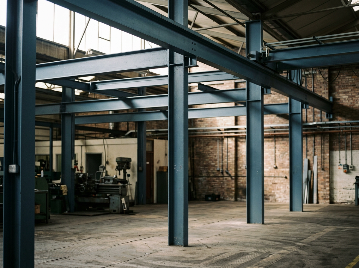 Interior of an industrial workshop with blue steel framing, machinery, and brick walls