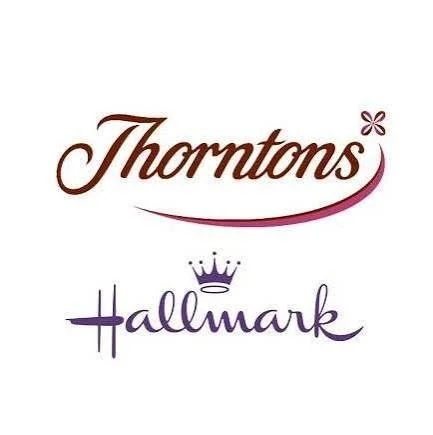 Logo of Thorntons above Hallmark with a purple crown and a small flower