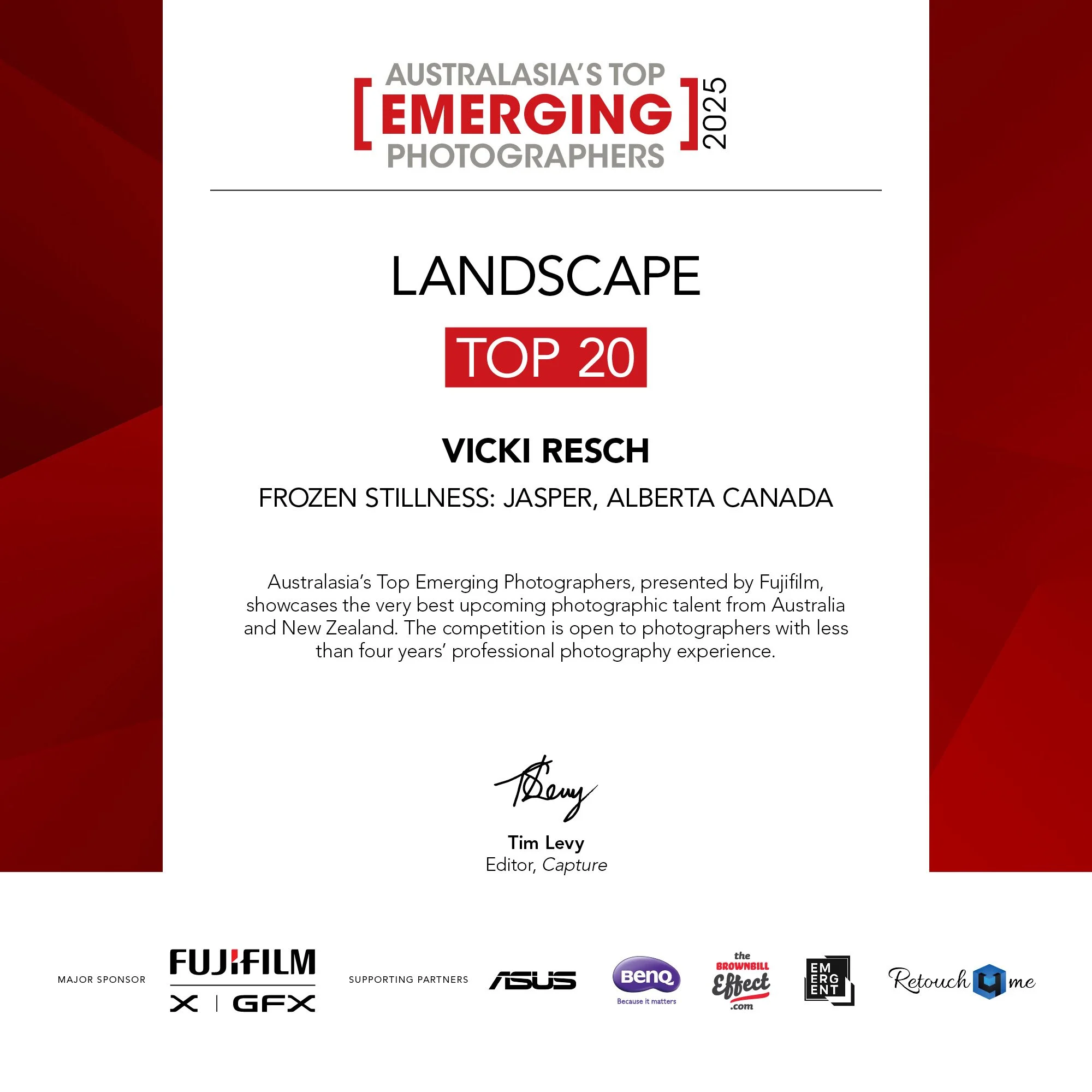 Certificate of recognition awarded to Vicki Resch for being in Australias Top Emerging Photographers 2022, presented by Fujifilm, featuring logos of sponsors and supporters at the bottom.