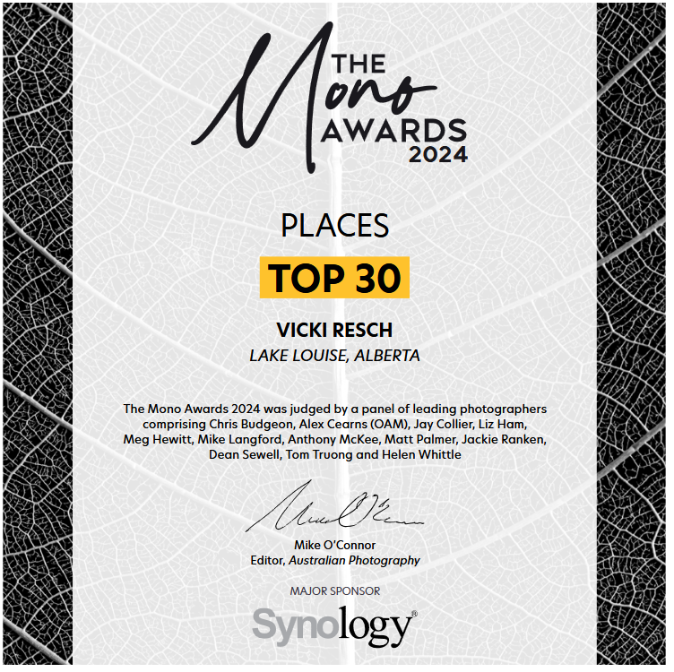 Certificate for the Mono Awards 2024 recognizing the top 30 places, awarded to Vicki Resch for Lake Louise, Alberta. The certificate features a background of a leaf pattern, a black and white border, and signatures.