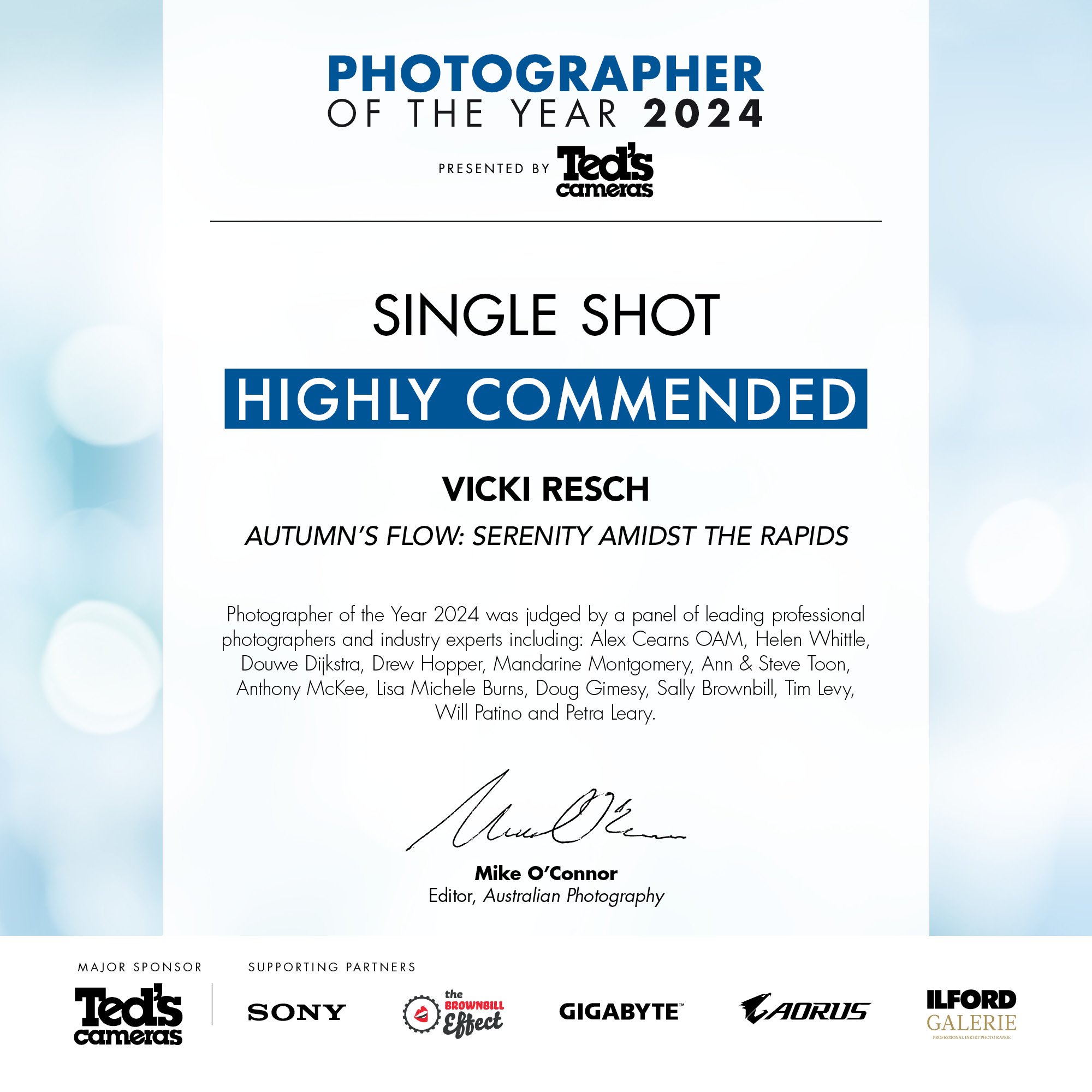 Certificate for Photographer of the Year 2024 awarded to Vicki Resch, with the signature of Mike O'Connor and logos of sponsors including Ted's Cameras, Sony, the Brownbill Effect, GIGABYTE, AORUS, ILFORD GALERIE, and others.