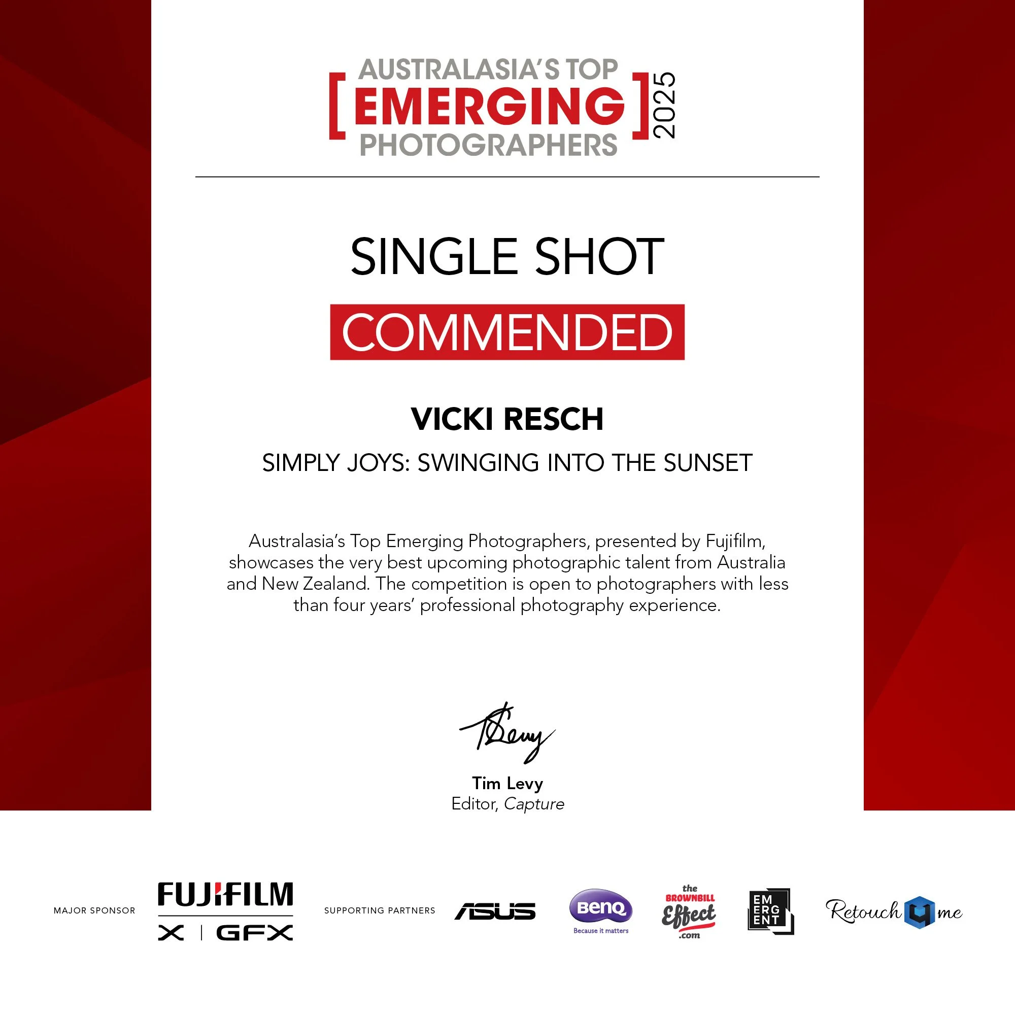 Certificate recognizing Vicki Resch as ranked in Australia's top emerging photographers in 2025, signed by Tim Levy, editor of Capture magazine.