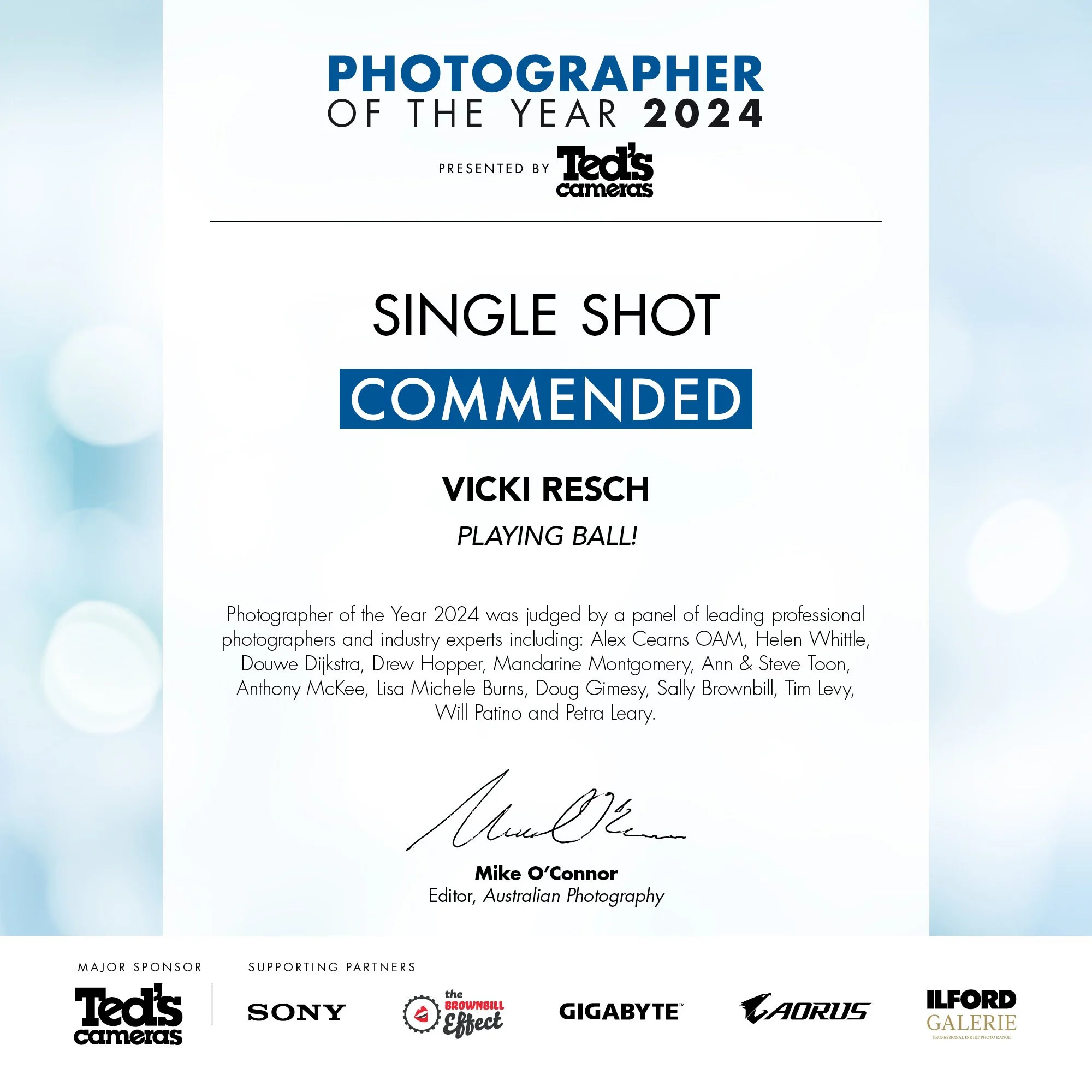 Certificate for Photographer of the Year 2024 awarded to VICKI RESCH, presented by Ted's Cameras, with signatures and logos of sponsors including Sony and GIGABYTE, and additional text mentioning the judging panel.