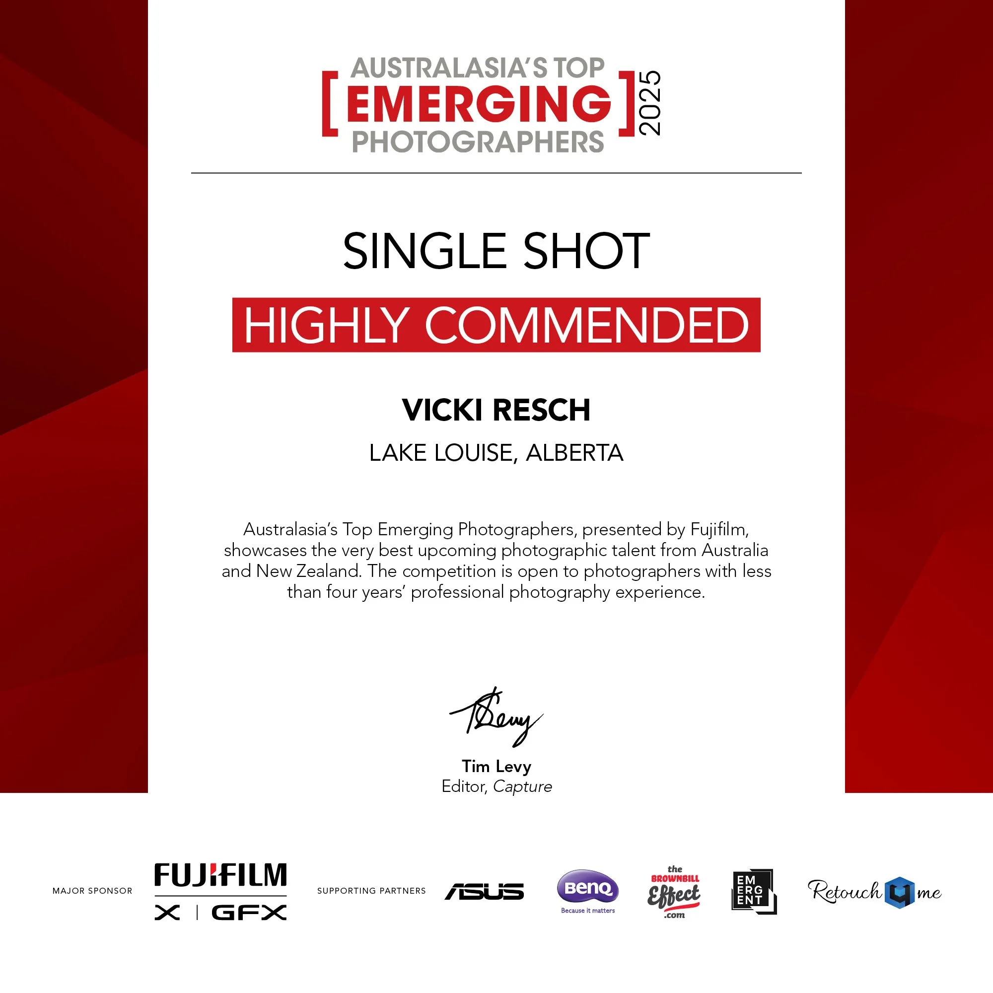 Certificate for Australia’s Top Emerging Photographers 2022 awarded to Vicki Resch from Lake Louise, Alberta, signed by Tim Levy, editor of Capture magazine, with logos of sponsors and partners at the bottom.