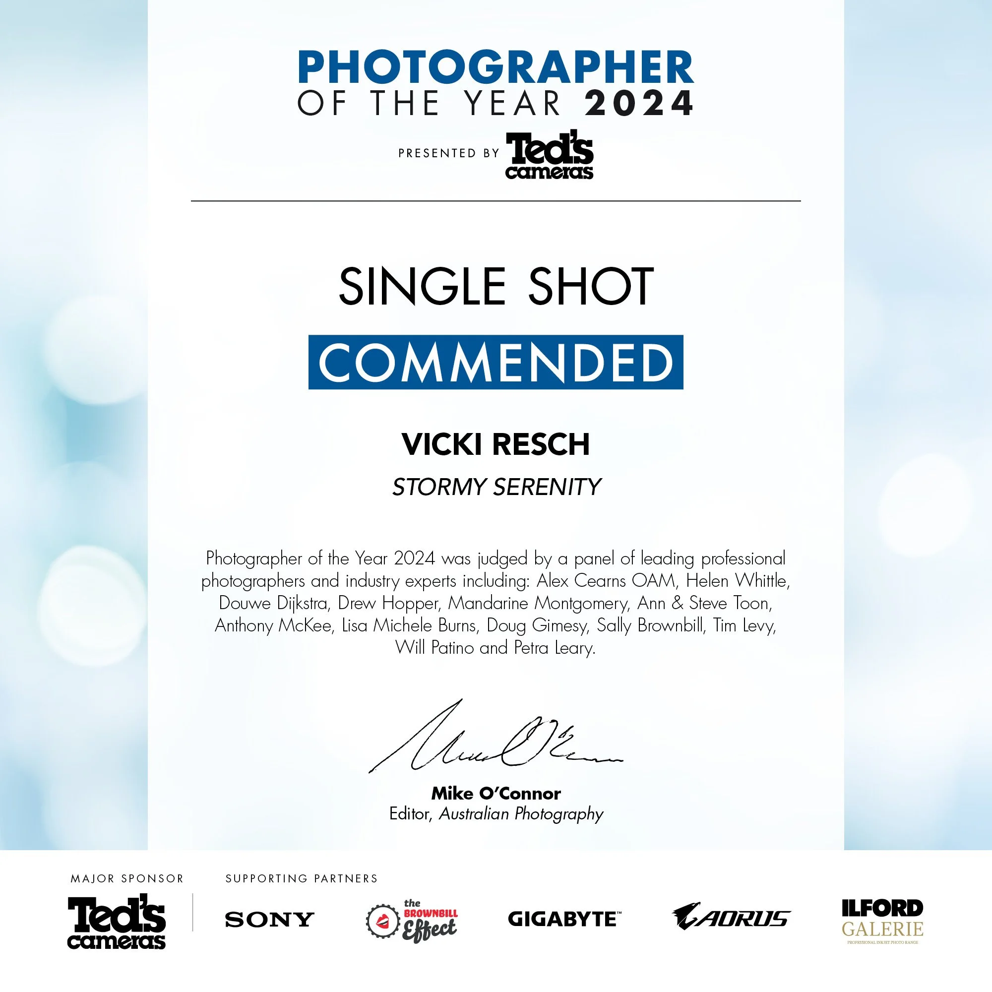 Certificate of recognition for Vicki Resch as Photographer of the Year 2024, presented at an event with various sponsor logos at the bottom.