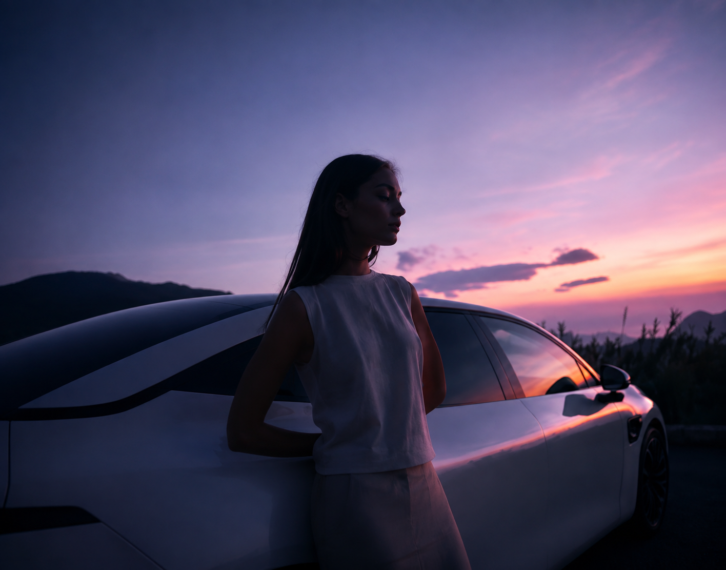 Femme silhouette debout à côté d'une voiture blanche lors d'un coucher de soleil avec un ciel coloré en rose et violet, montagnes en arrière-plan.