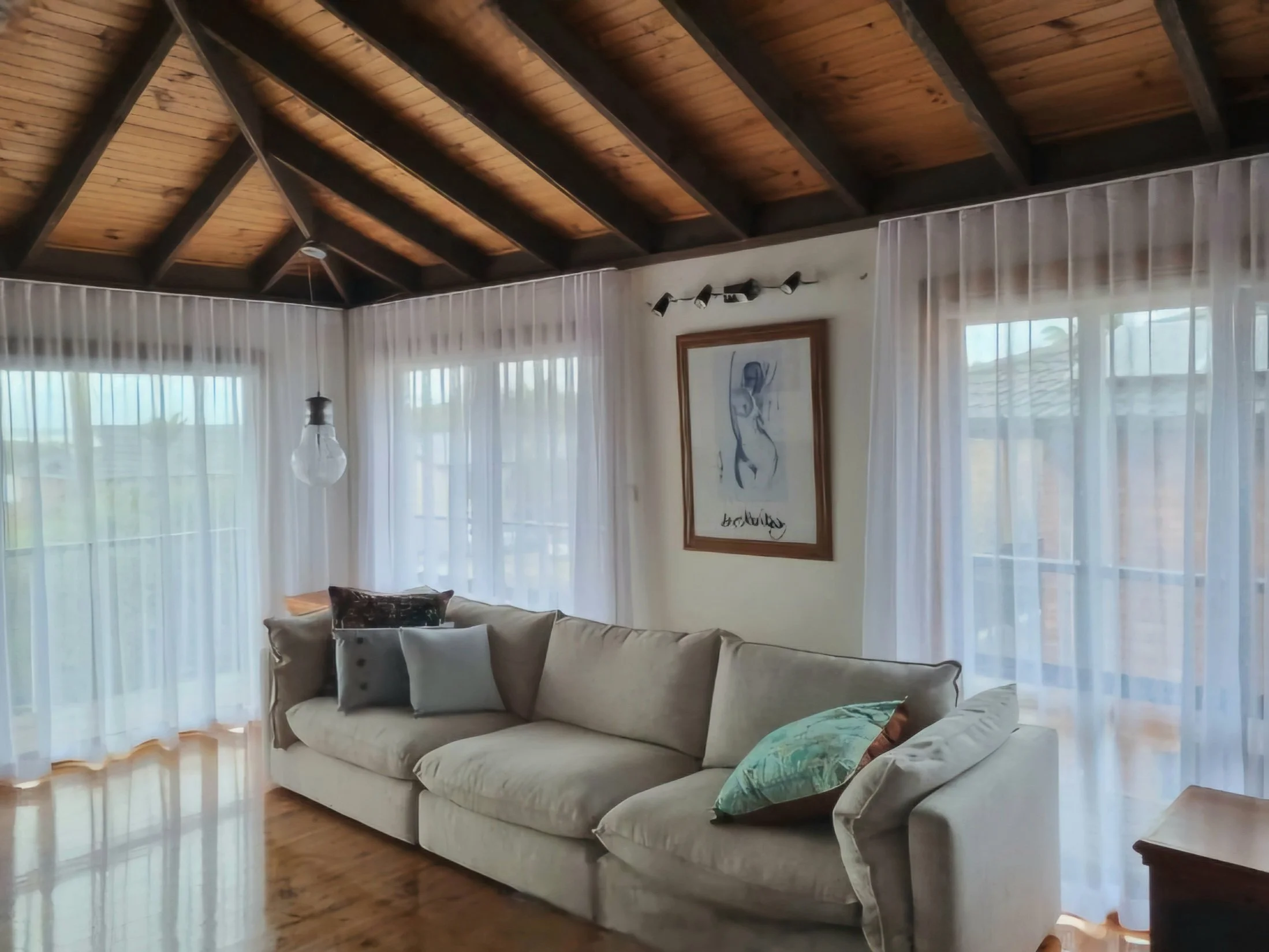 Living room with a cream-colored sofa decorated with multiple throw pillows, sheer curtains covering large windows, and a ceiling with wooden beams and dark supporting beams.