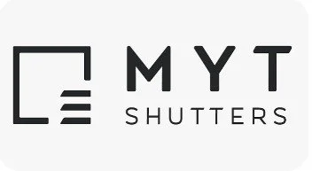 Logo for MYT Shutters with a stylized shutter icon on the left and the text 'MYT Shutters' on the right.