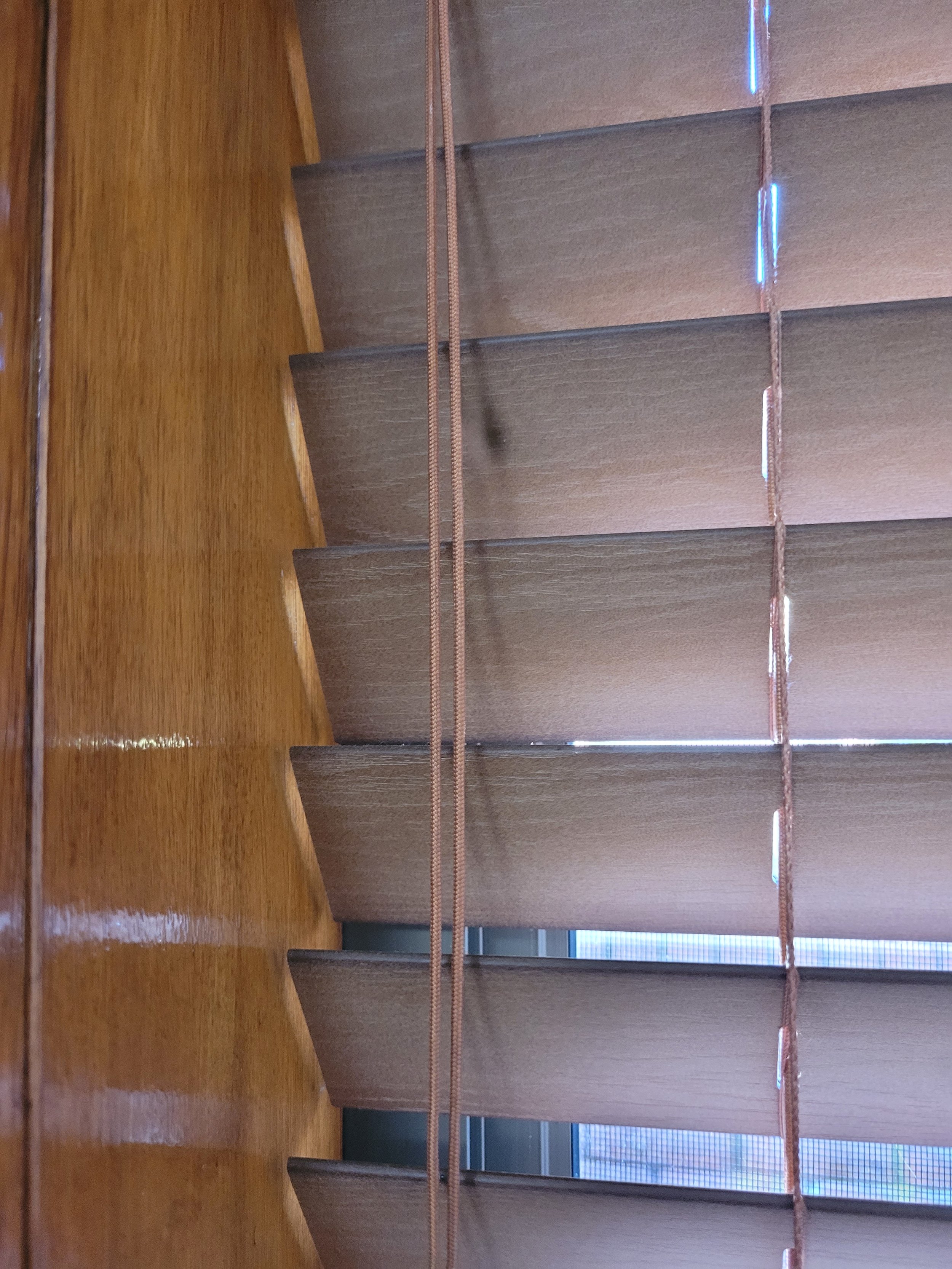 Brown window blinds partly open, showing a glass window and a screen outside.