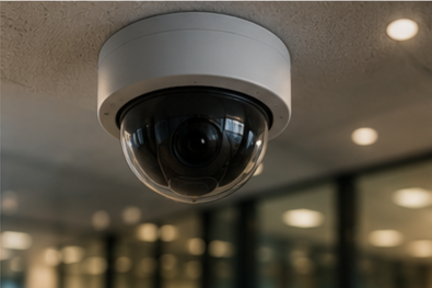 Close-up of a security camera mounted on a ceiling.