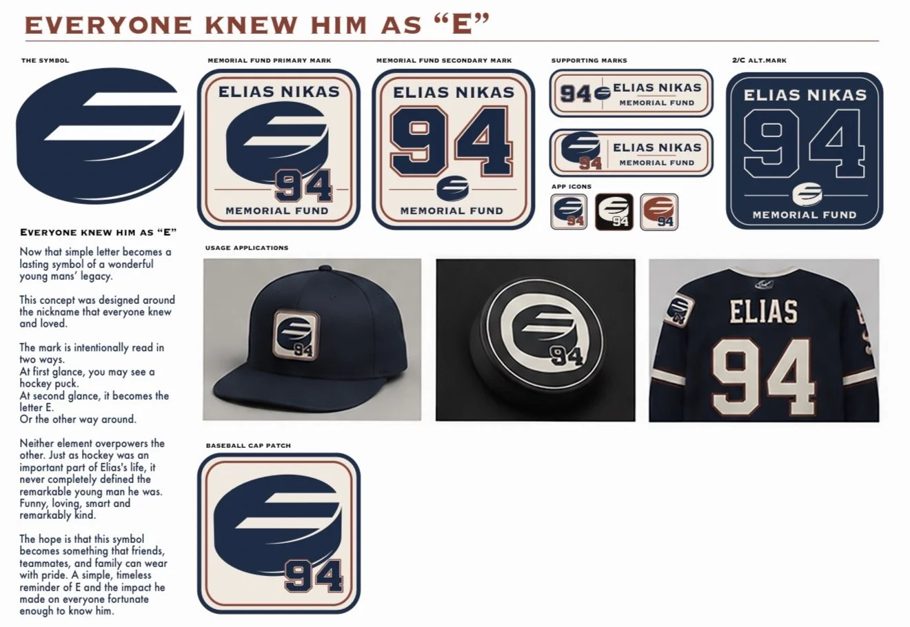 Design showcasing the Elias Nikas Memorial Fund logo and branding elements, including the primary, secondary, and alternate versions of the logo, app icons, a baseball cap patch, and related merchandise like a jersey and a hockey cap. The theme emphasizes the number 94 and the letter E, honoring Elias Nikas.