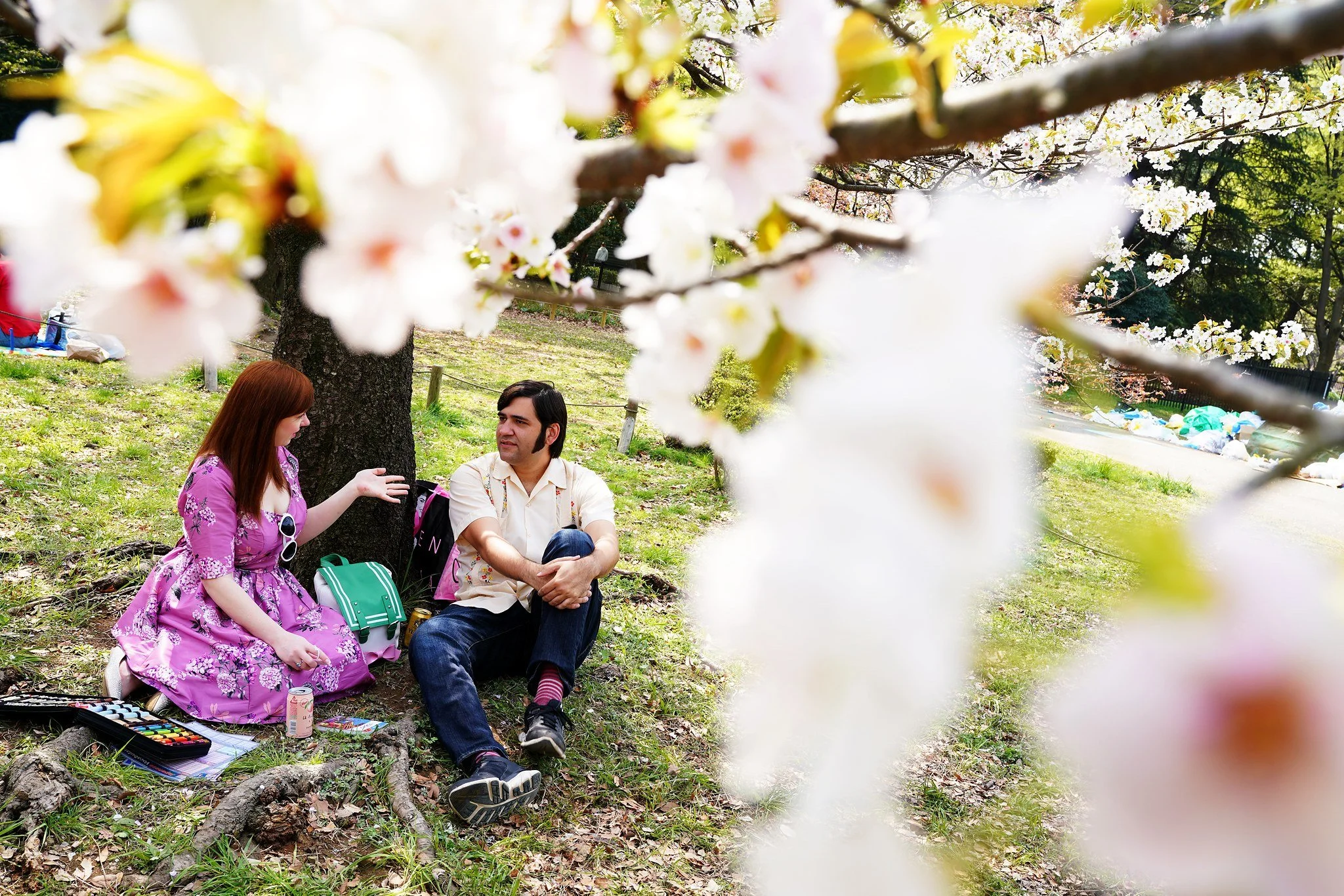 Couple at a hanami picnic under cherry blossoms in Tokyo