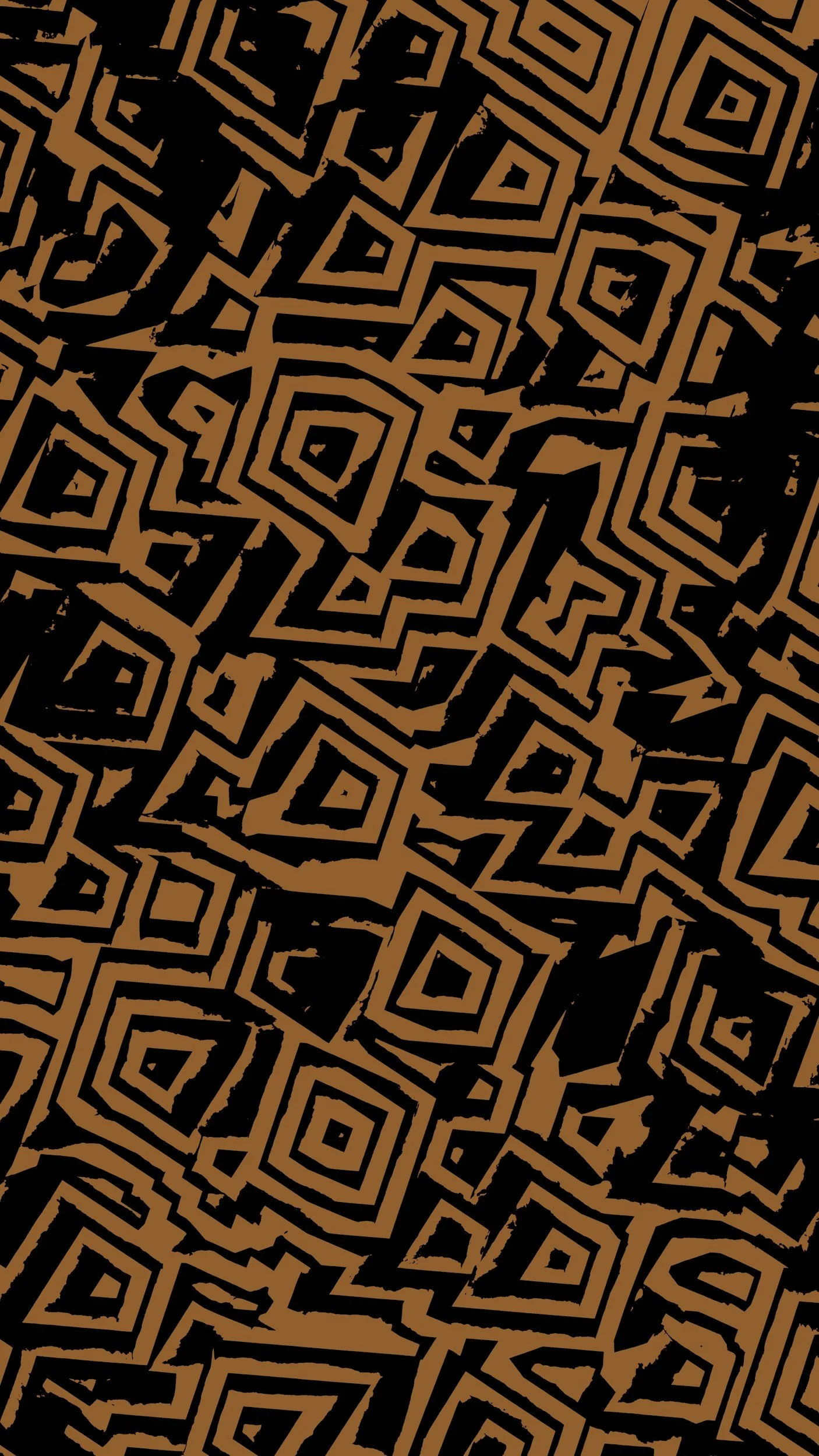 A pattern of geometric shapes and lines in black and brown, creating an abstract, maze-like design.