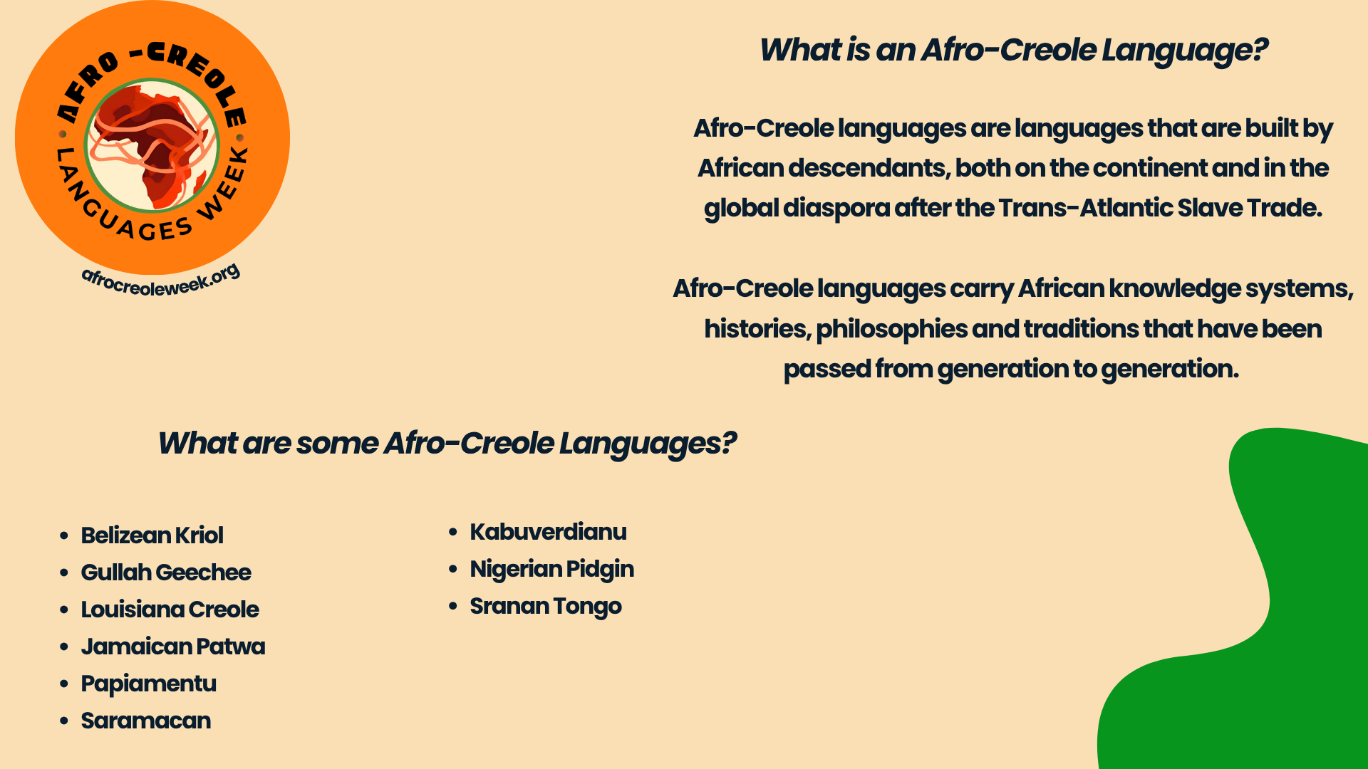 American flag colors background with a circular Afro-Creole Languages Week logo featuring the African continent, and text explaining what Afro-Creole languages are, their origins, and examples of some Afro-Creole languages.